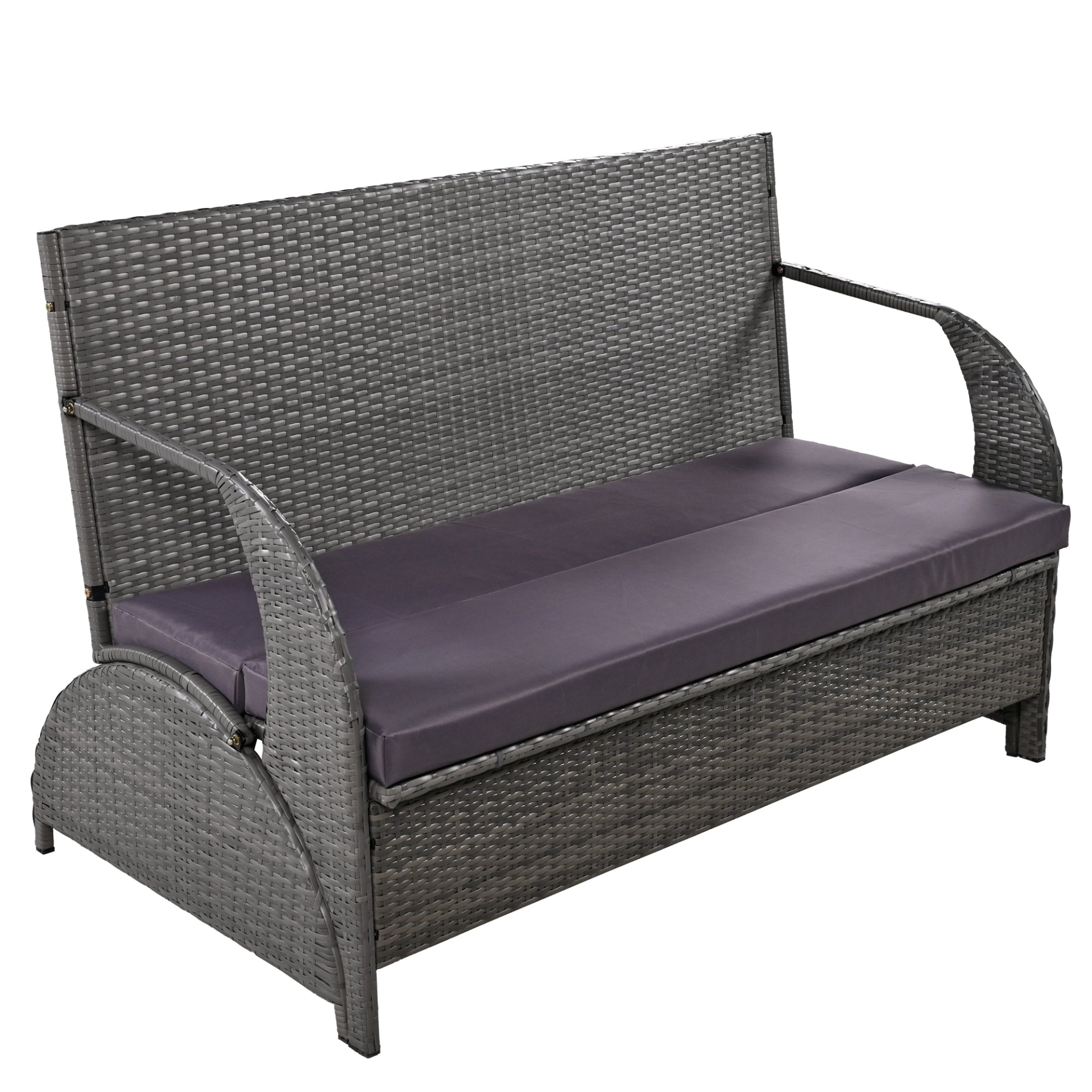 Start2Finish outdoor loveseat convertible to four seats and table, garden furniture with comfortable cushions on a lawn setting.