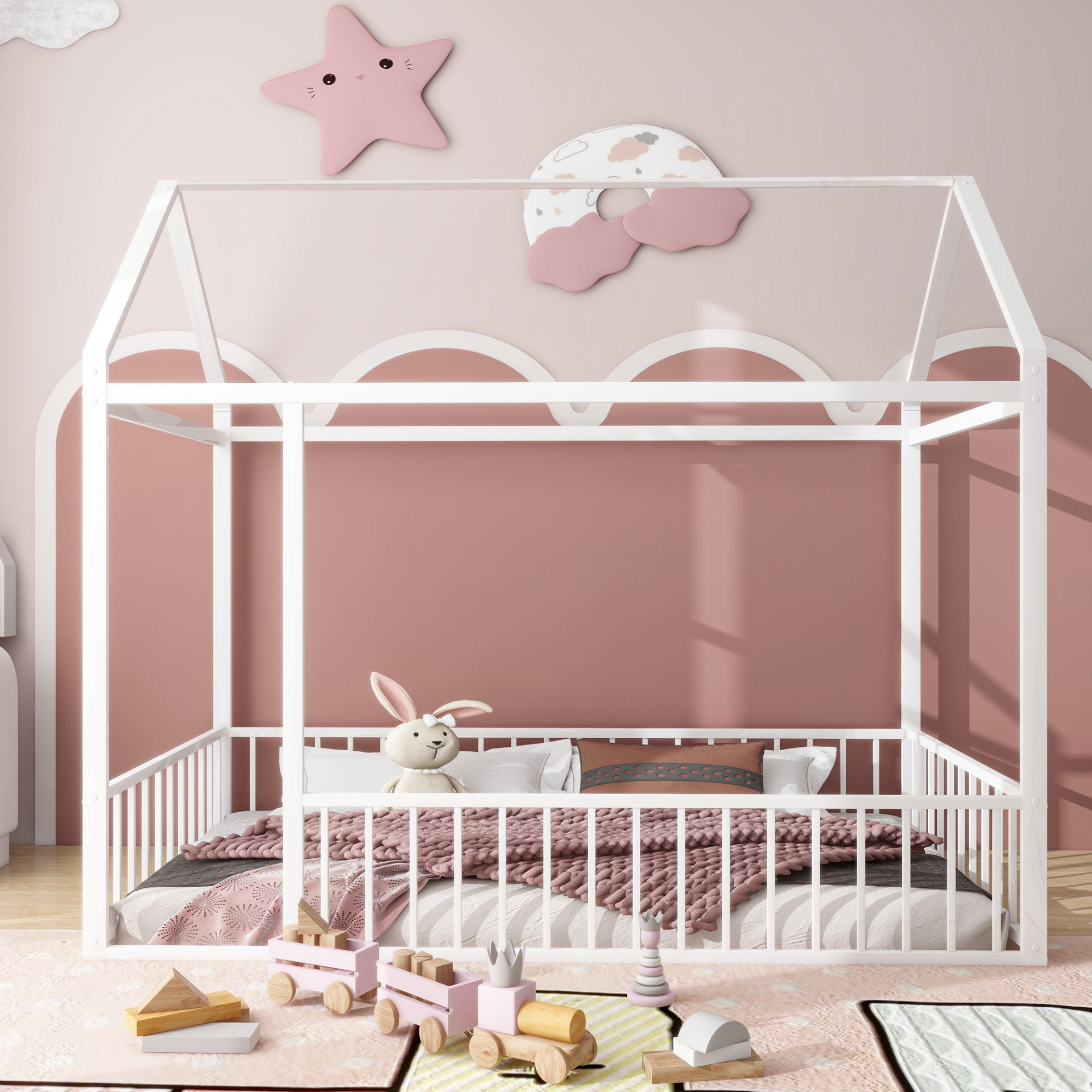 Start2Finish metal house bed frame with fence, sturdy kids&