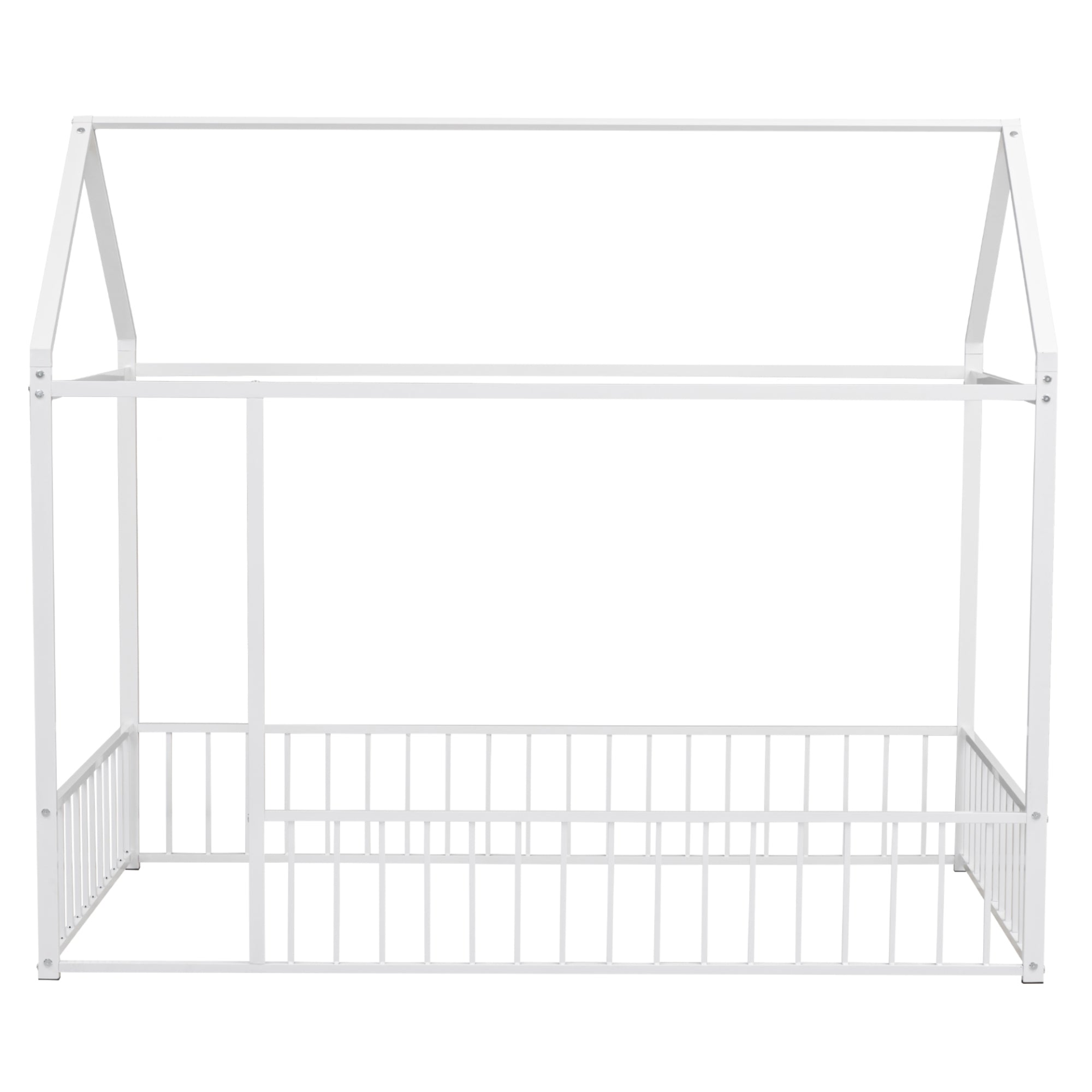 Start2Finish metal house bed frame with fence, sturdy design for kids and teens, shown in a cozy bedroom setting