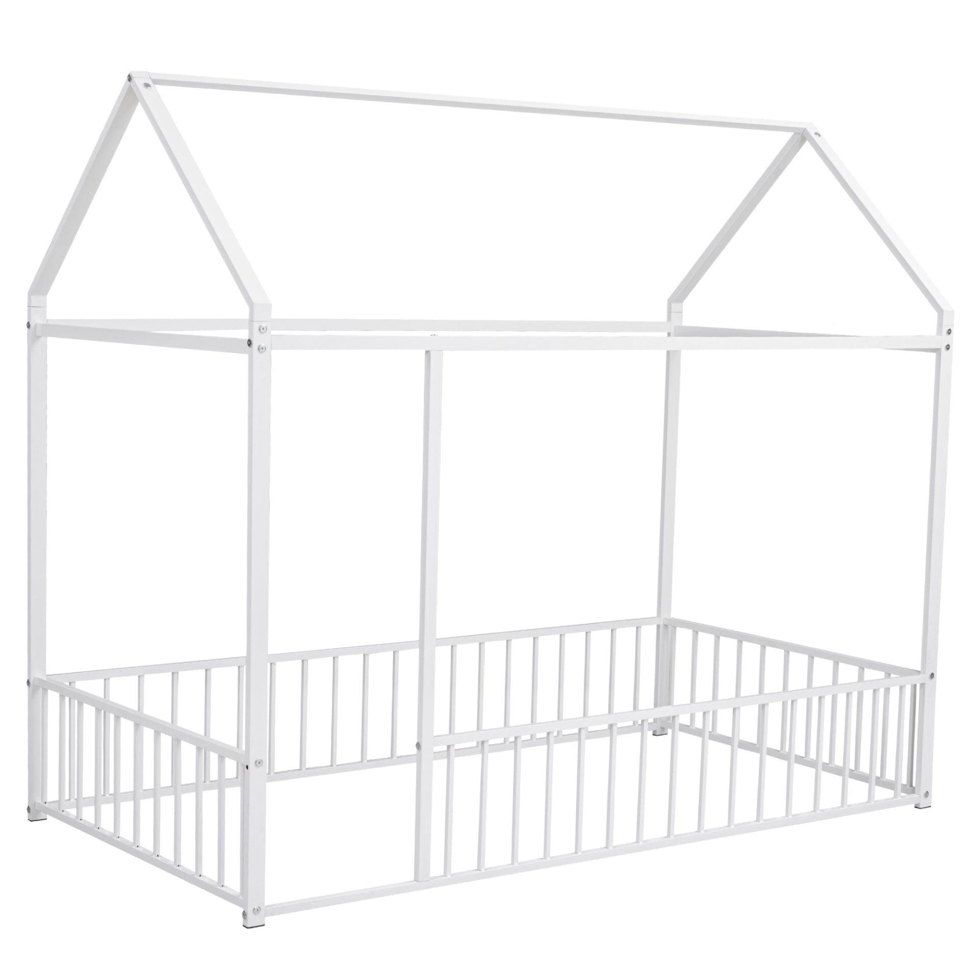 Metal house bed frame by Start2Finish with fence, sturdy design for kids, teens, girls, and boys, shown in a bedroom setting