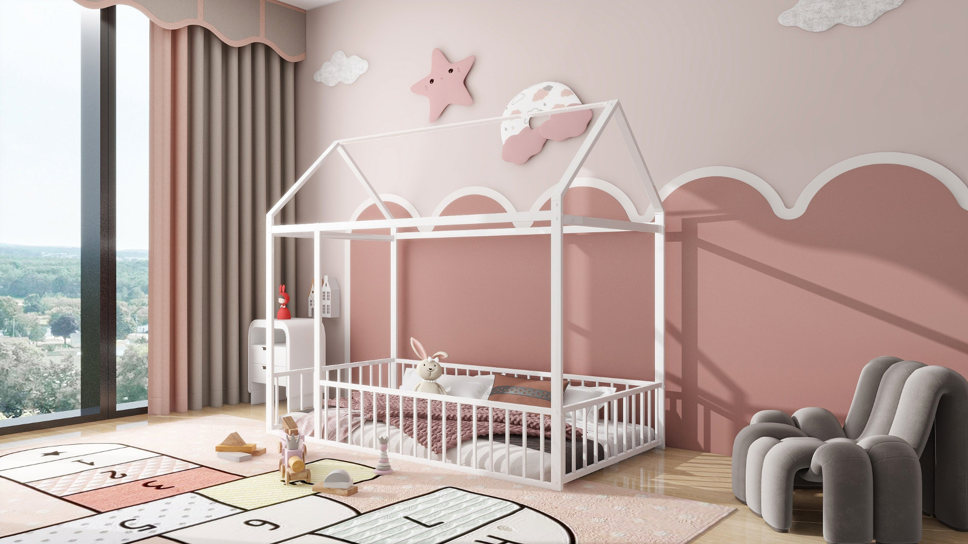 Start2Finish metal house bed frame with fence, sturdy design for kids and teens, featuring a playful house-shaped structure.