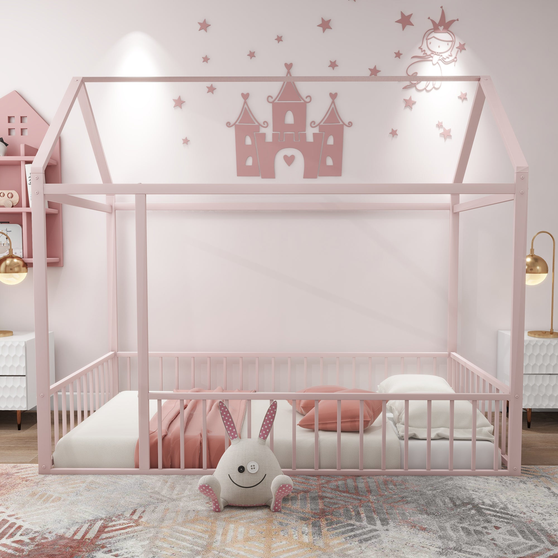 Start2Finish metal house bed frame with fence, sturdy design for kids, teens, girls, and boys in a bedroom setting.