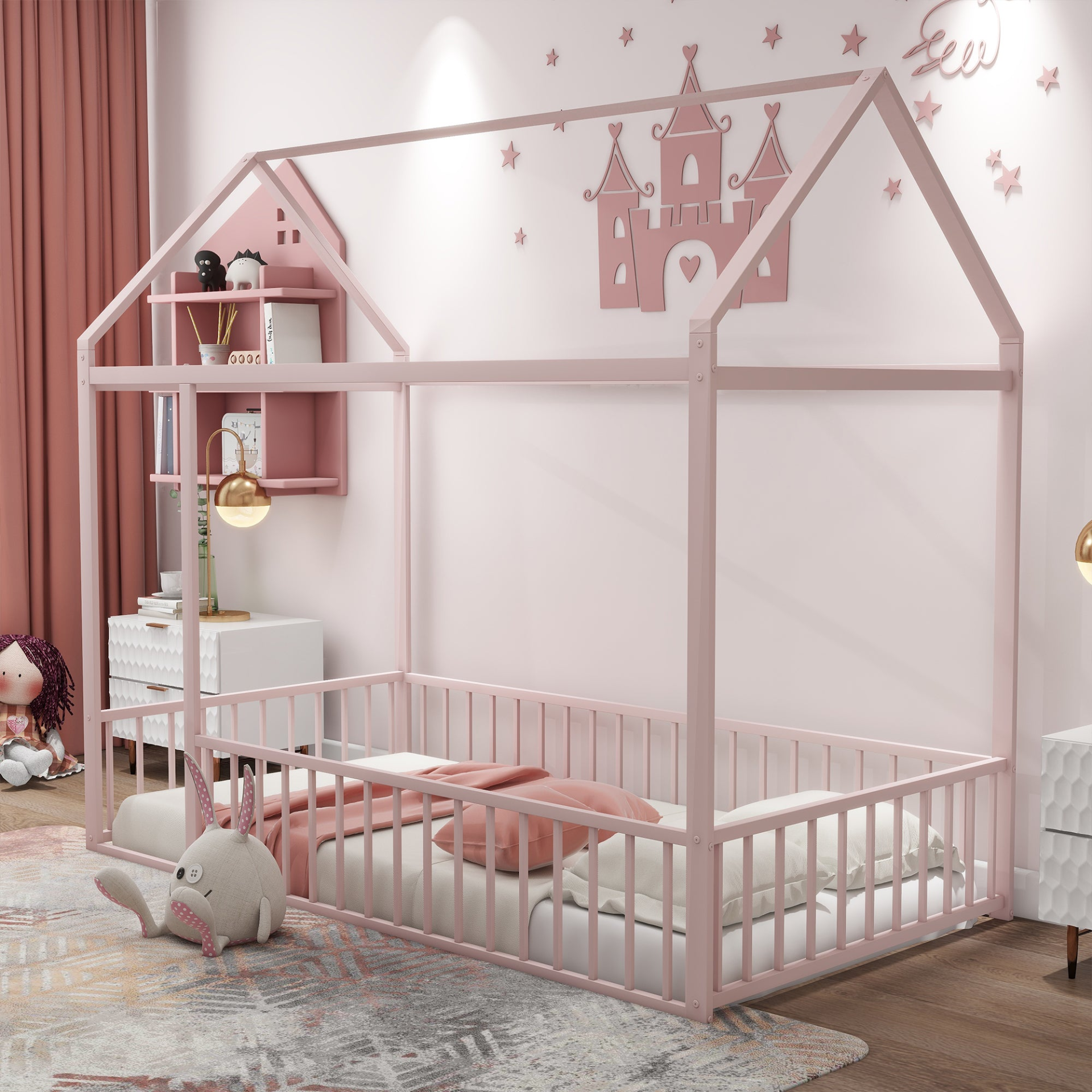 Start2Finish metal house bed frame with fence, sturdy design ideal for kids, teens, girls, and boys, shown in a cozy bedroom setting
