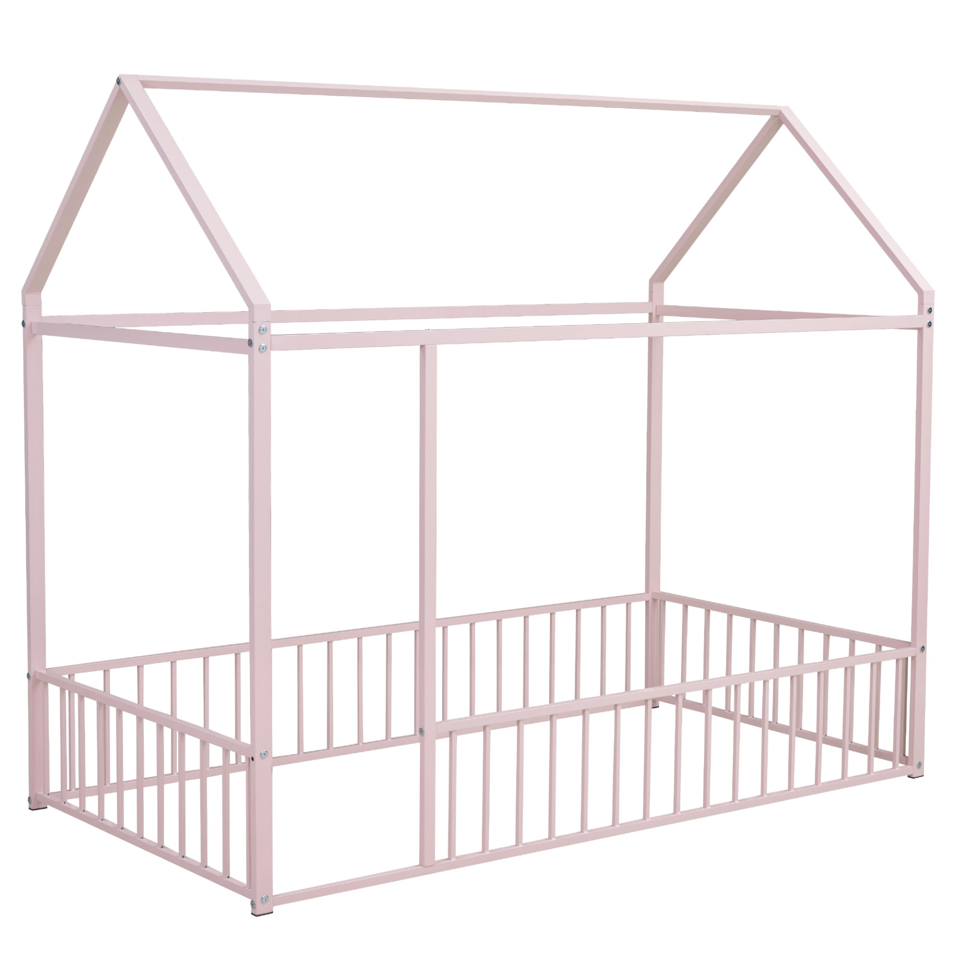 Start2Finish metal house bed frame with fence, sturdy design for kids, teens, girls, and boys, featuring a playful house shape.