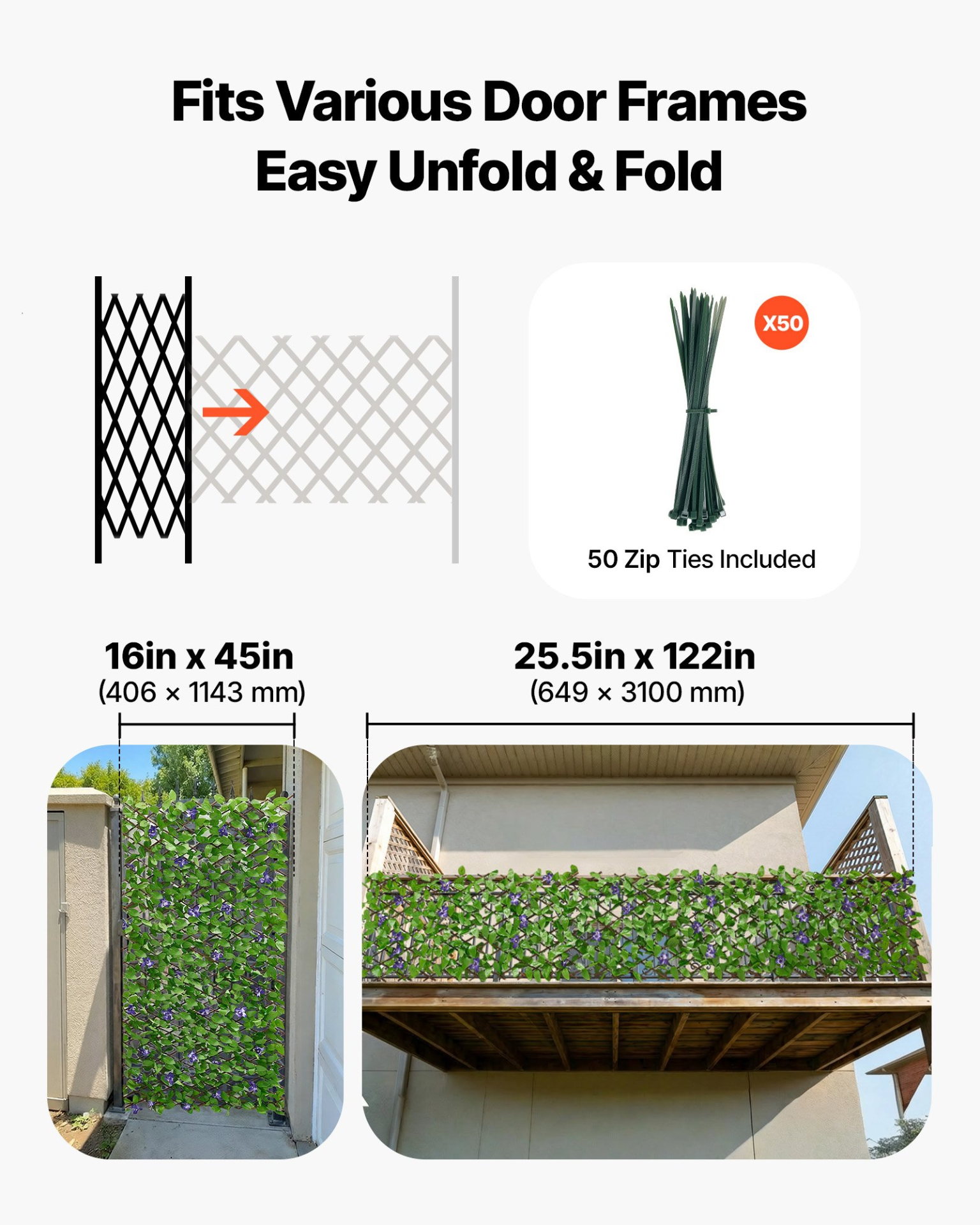 Start2Finish VEVOR expandable artificial ivy fence panel with greenery backdrop, 25.5 x 122 inches, including 50 zip ties for outdoor use.