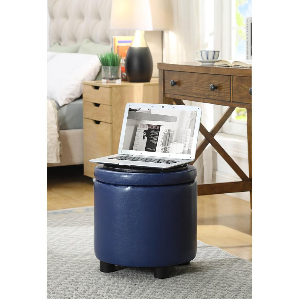 Start2Finish Designs 4 Comfort round storage ottoman with reversible tray lid, beige fabric with plush cushioned top.