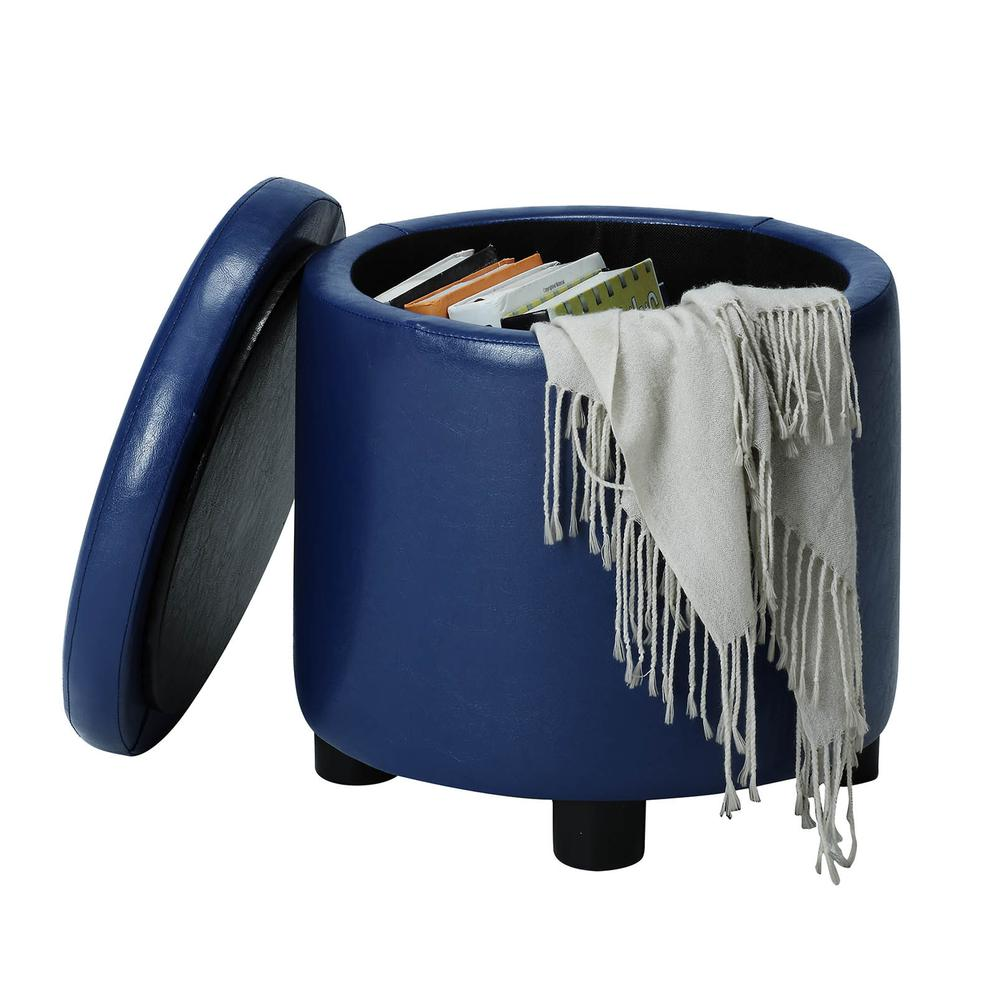 Start2Finish Designs 4 Comfort round accent storage ottoman with reversible tray lid, upholstered in fabric with a sturdy base.