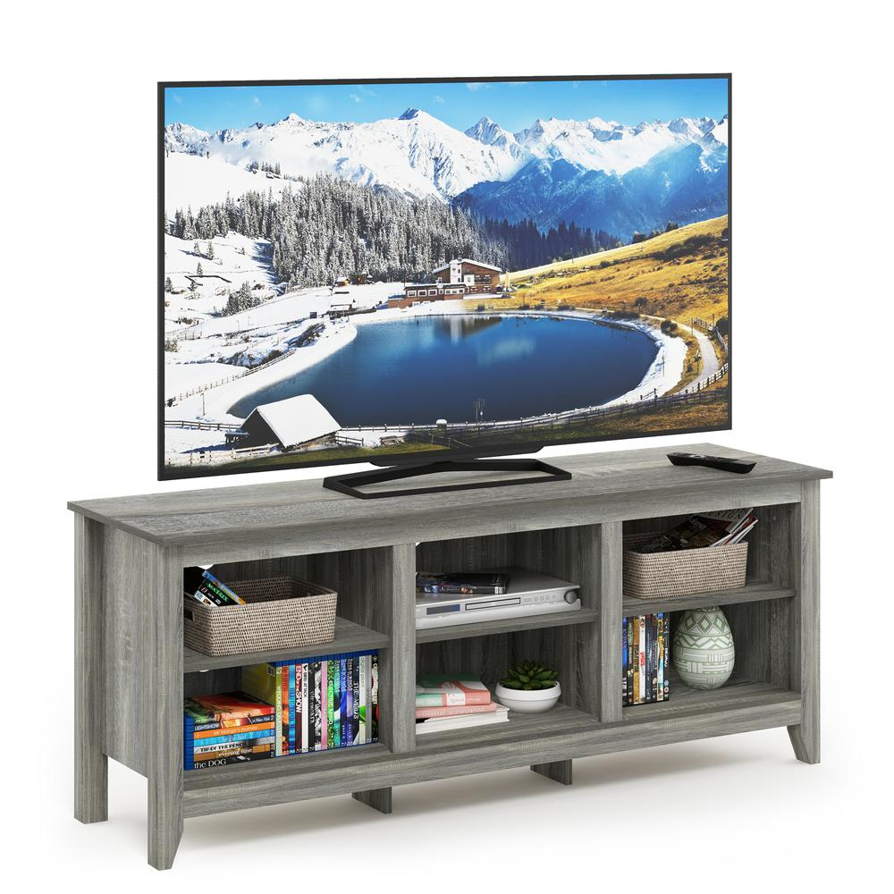 Furinno Jensen TV stand with shelves in French Oak Grey, designed for 60-inch TVs, featuring modern furniture style.