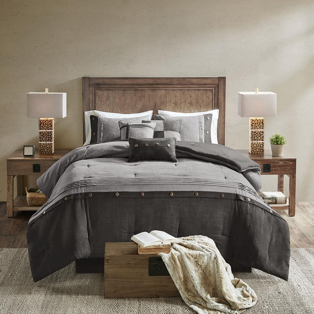 Start2Finish 7-piece faux suede comforter bedding set with matching pillow shams and decorative pillows on a bed.