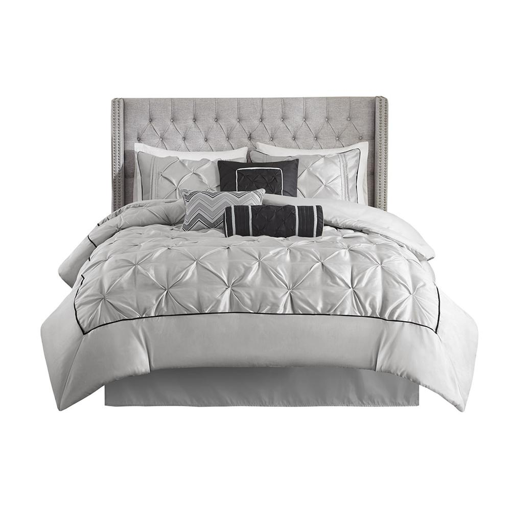 Start2Finish Laurel 7-piece tufted comforter set in grey, showcasing plush fabric and coordinated bedding pieces on a bed.