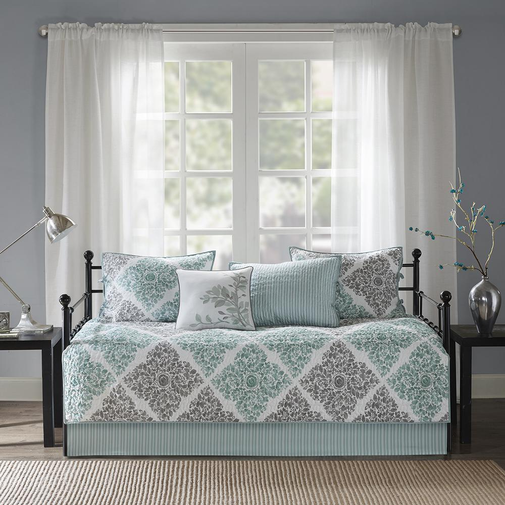 Start2Finish Claire 6-piece reversible aqua bedding daybed cover set with floral and geometric patterns, includes pillow shams.