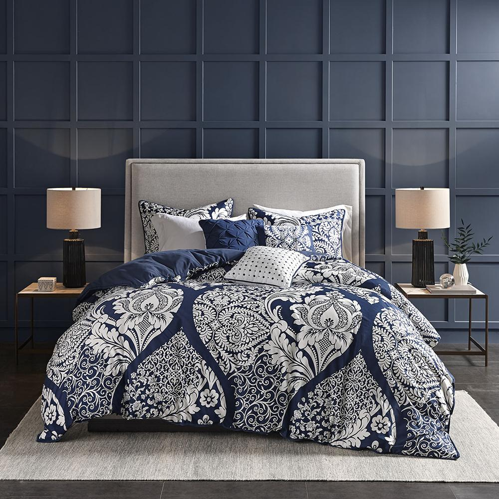 Start2Finish Vienna 6-piece printed duvet cover set in vibrant indigo, featuring detailed floral patterns and matching pillow shams.
