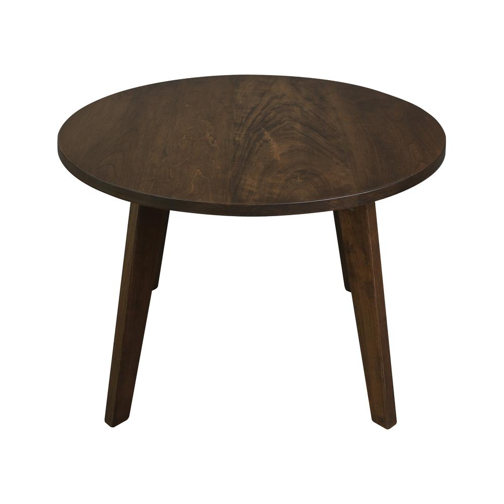 Round coffee table made of solid American cherry wood with antique cherry finish, featuring a 24-inch diameter.