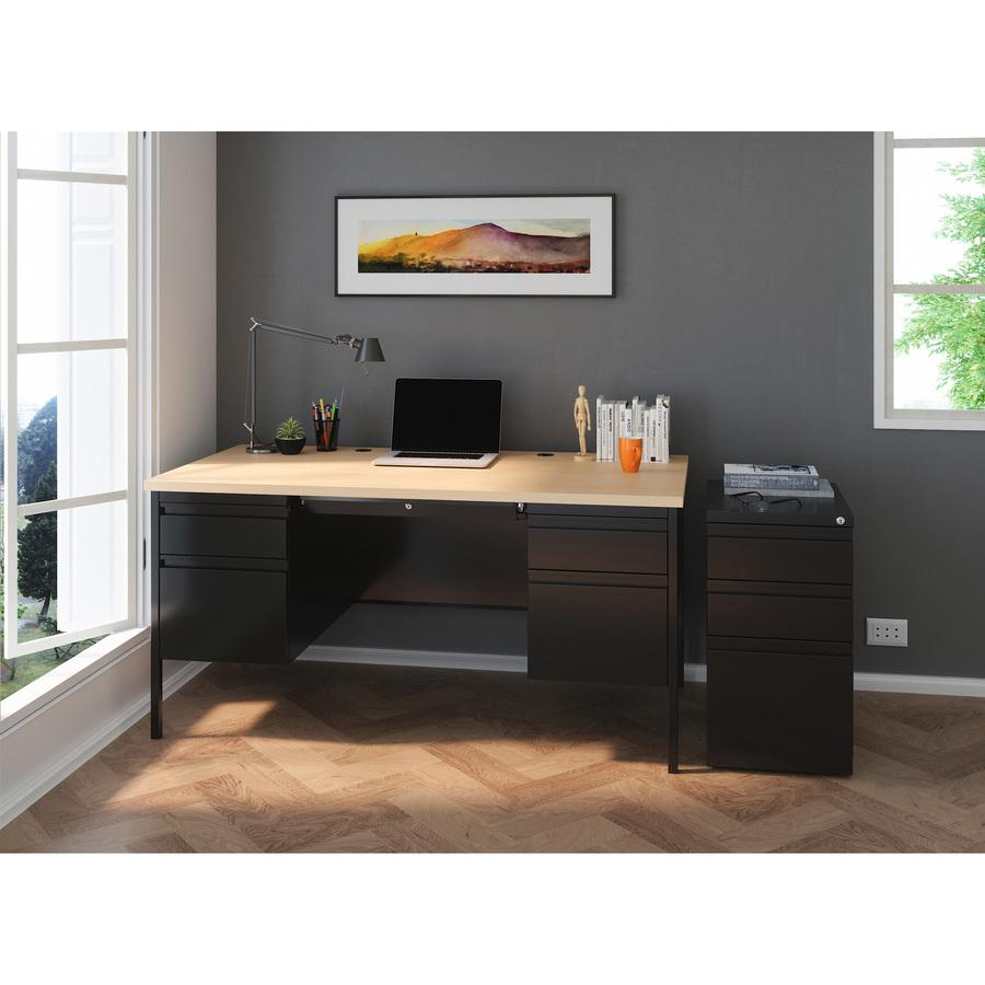 Lorell Fortress Series black steel double-pedestal desk with 60-inch top, file drawers, square edges, and modern office furniture design
