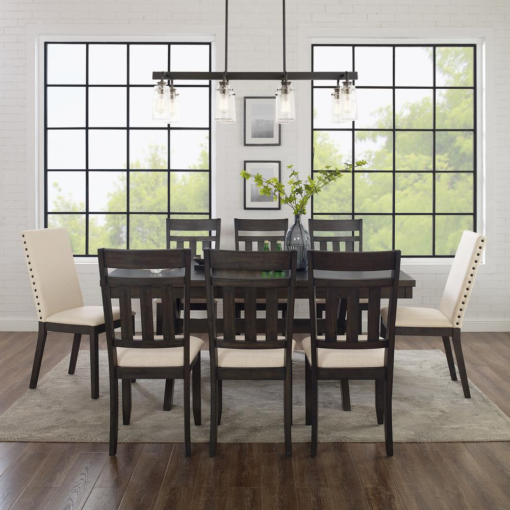 Hayden 9-piece dining table set by Start2Finish with a wooden table, six slat back chairs, and two additional chairs.
