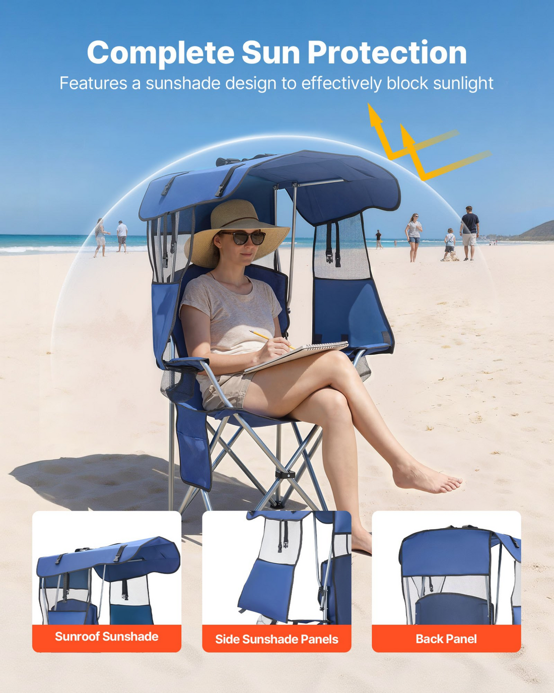 Start2Finish VEVOR camping chair with canopy, folding beach chair, magazine pocket, 2 cup holders, deep blue, outdoor use