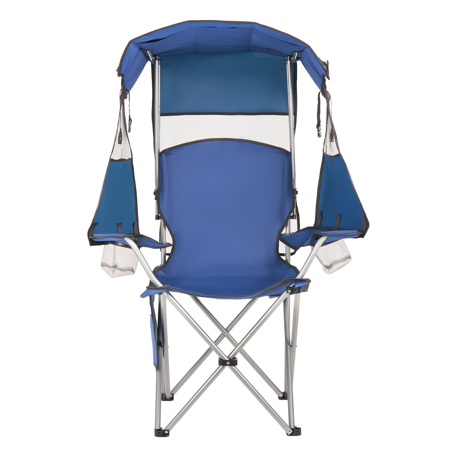 Start2Finish VEVOR outdoor camping chair with canopy, cup holders, magazine pocket, heavy-duty support, blue, foldable for outdoor use.
