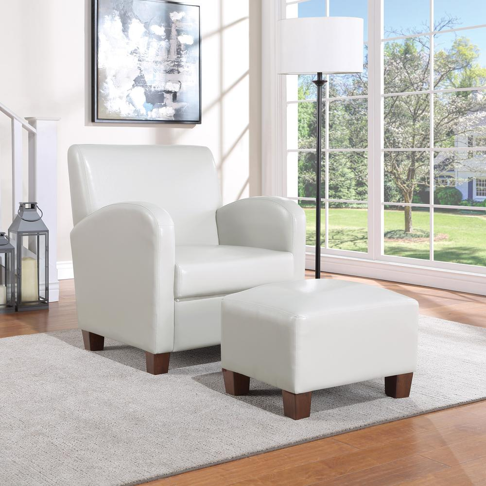 Start2Finish Aiden chair and ottoman in cream faux leather with medium espresso legs, showcasing contemporary furniture design.