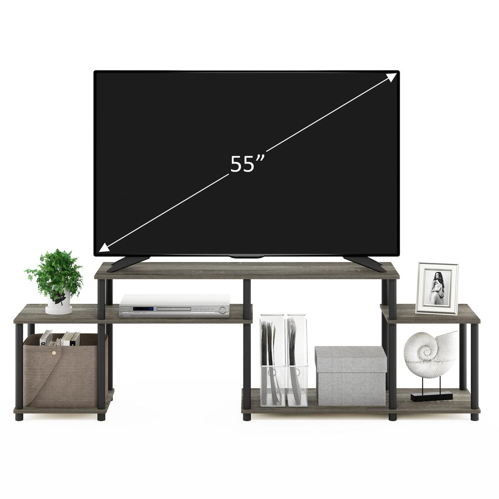 Start2Finish Furinno Turn-N-Tube TV stand for 55-inch TVs, French Oak Grey and Black, with storage shelves and modern design.