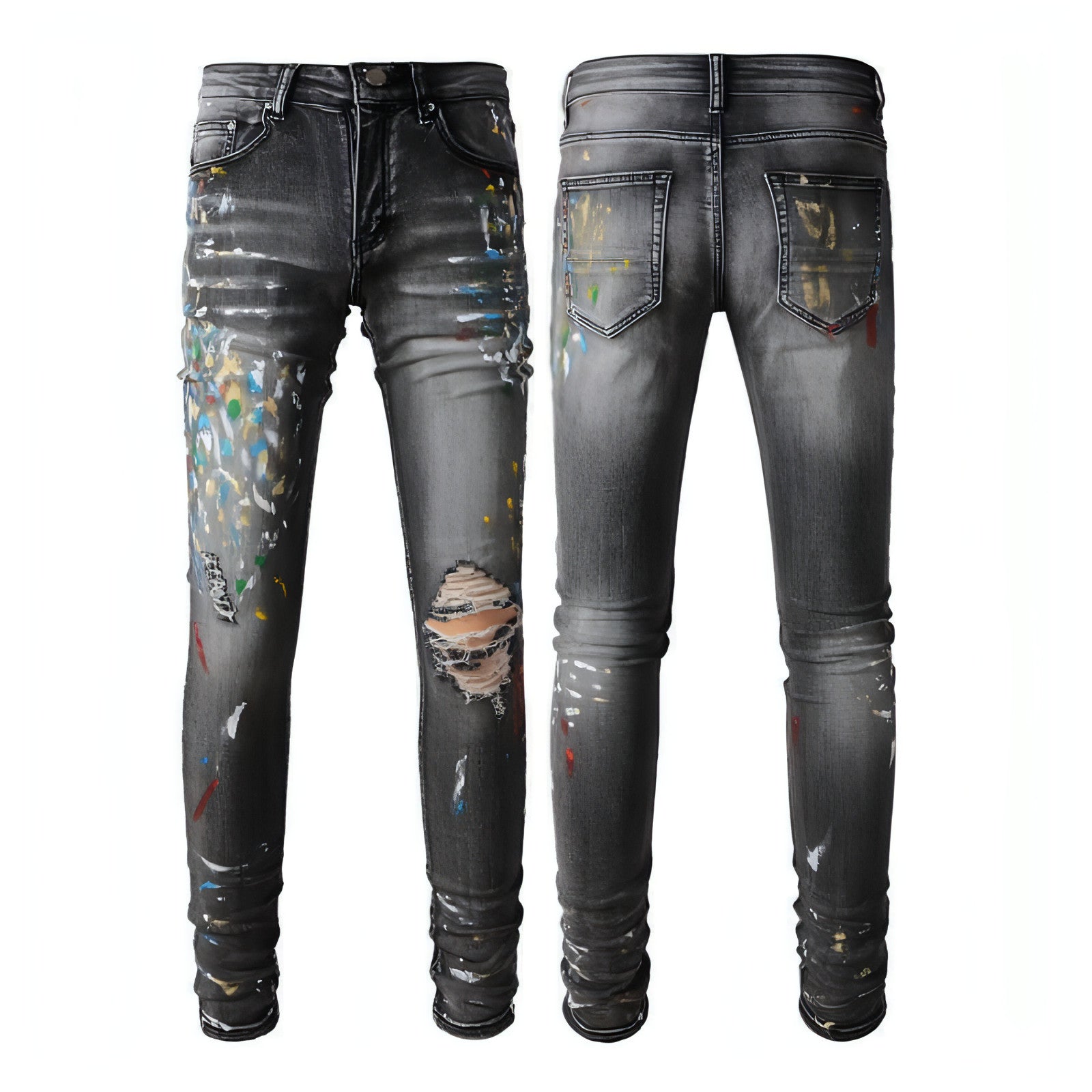 Gray denim slim-fit jeans for men by Carmine Juneberry, washed elastic denim pants with a modern, tailored look.