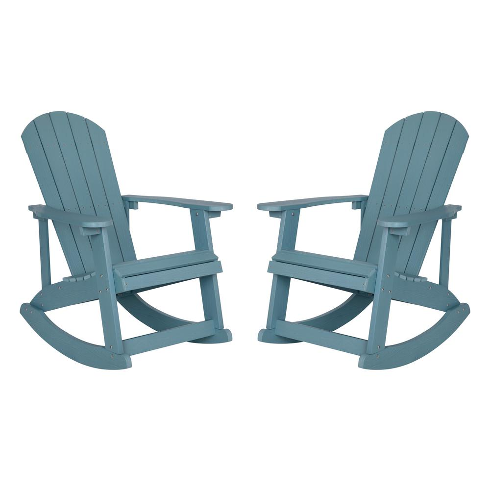 Set of two Start2Finish Adirondack rocking chairs in sea foam color, featuring wide armrests and slatted backrests.