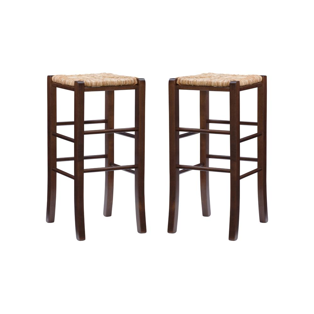 Pair of Gianna backless walnut barstools from Start2Finish, showcasing sleek wooden seats and sturdy legs.