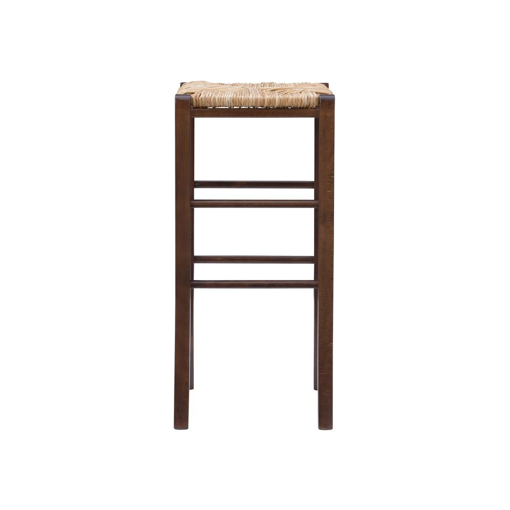 Pair of Gianna backless walnut barstools by Start2Finish, showcasing sleek wooden seats and sturdy legs for modern kitchen seating.