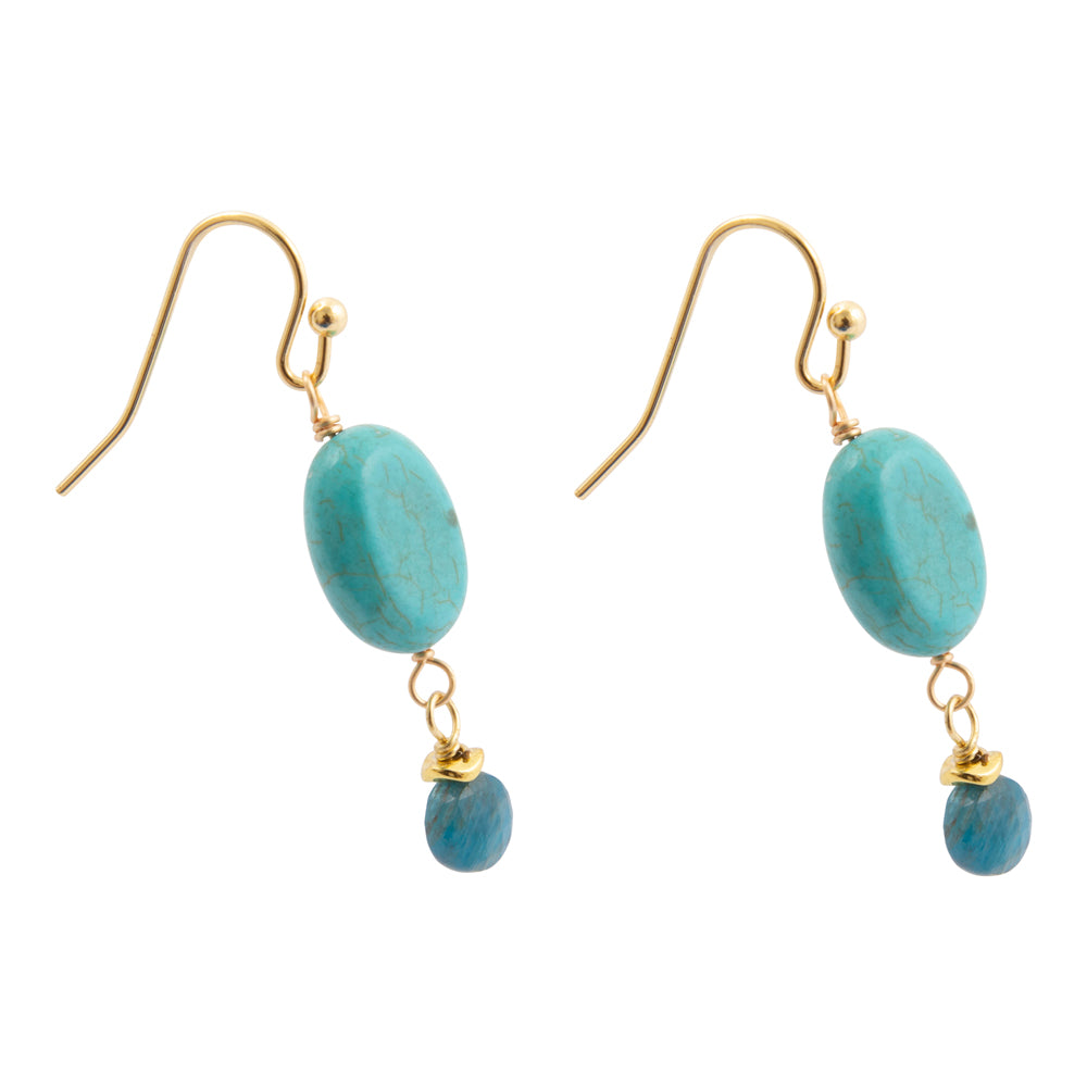Teal apatite golden drop earrings featuring teardrop-shaped stones hanging from gold-plated hooks.