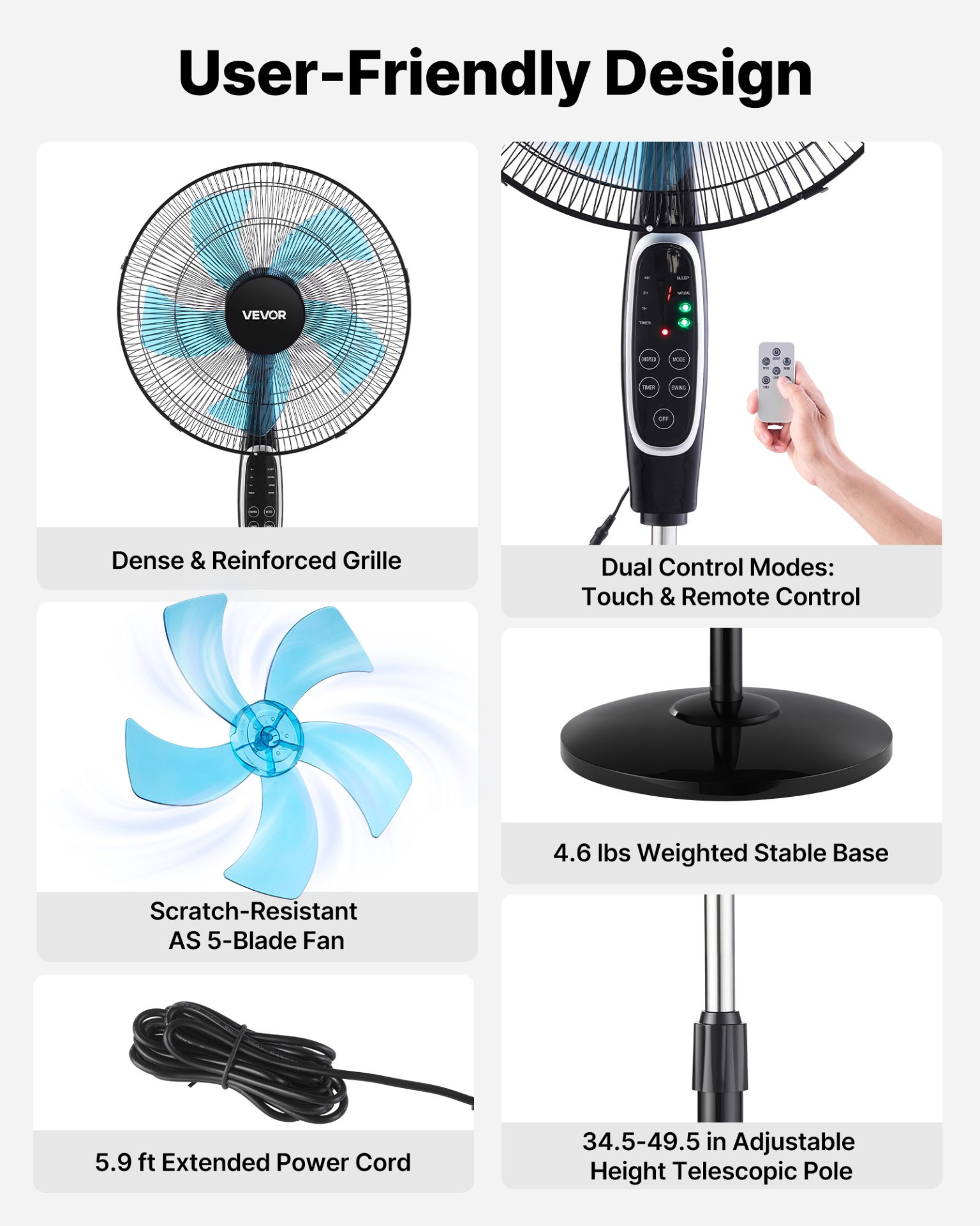 Start2Finish VEVOR 18-inch pedestal fan with 2700 CFM, 9 speeds, remote, oscillating, adjustable height, black, quiet DC motor