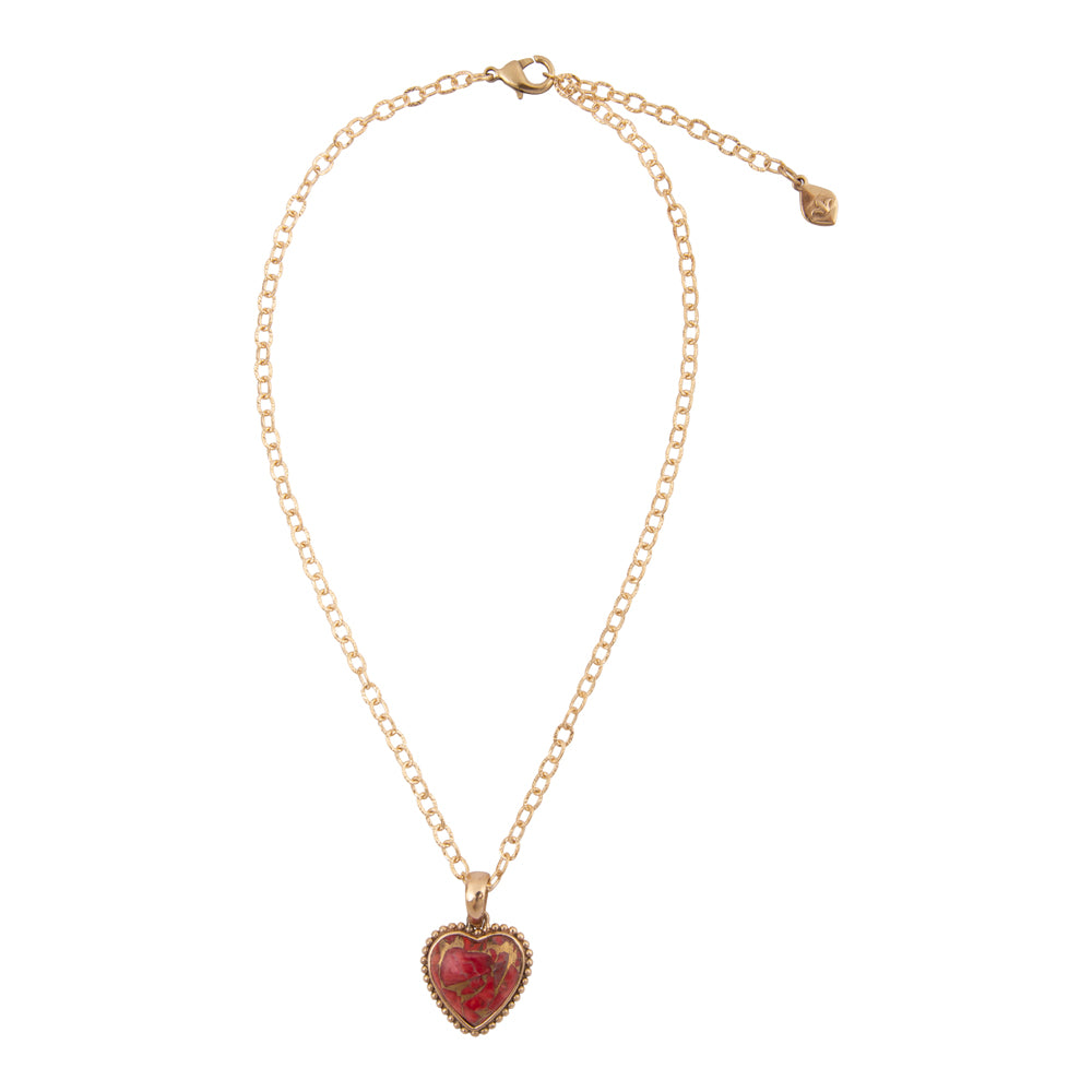Hearts of Love red magnesite pendant necklace with a golden chain, showcasing a heart-shaped magnesite pendant for jewelry.