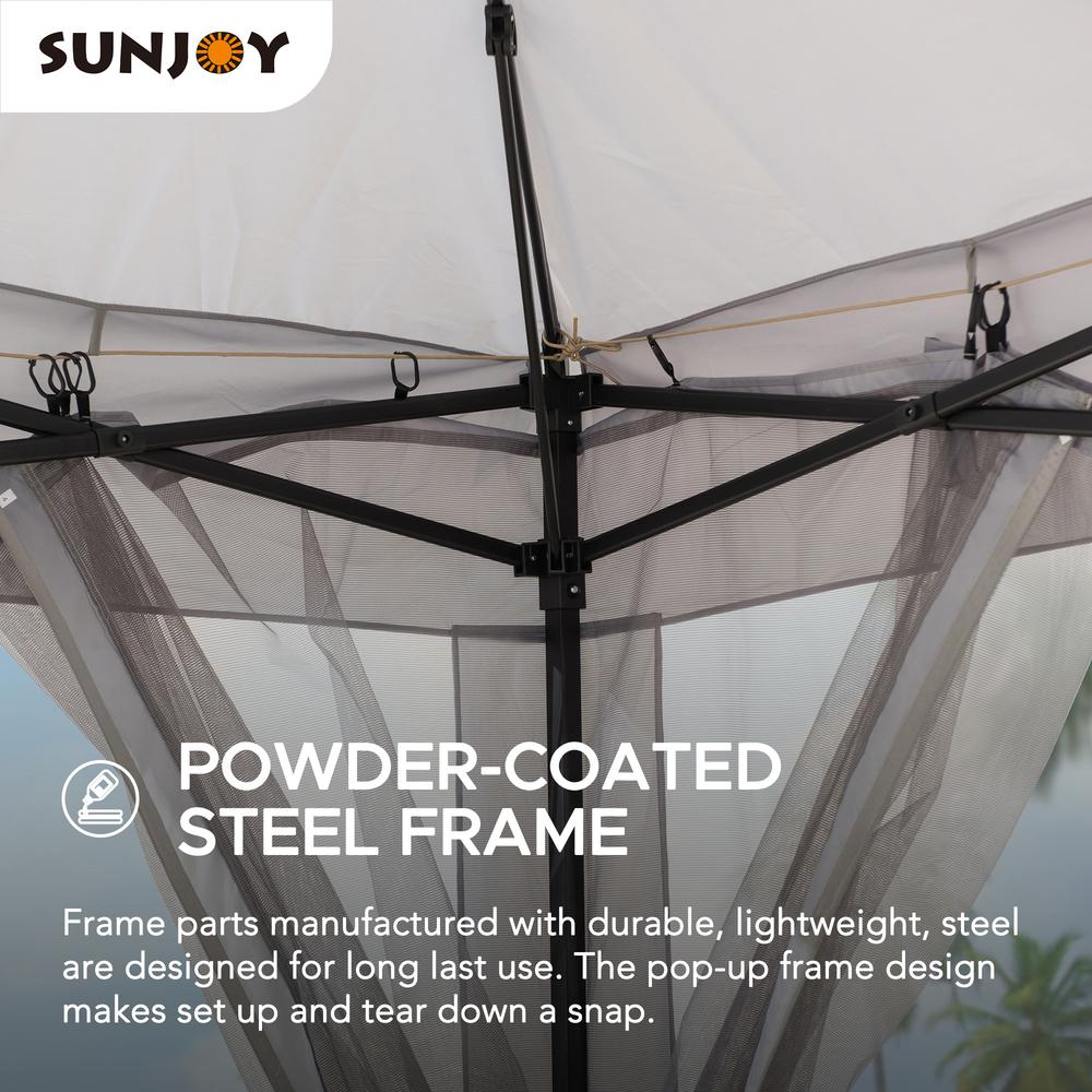 Gray 11 ft. x 11 ft. portable steel gazebo by Start2Finish with a pop-up design and durable frame, shown set up outdoors.