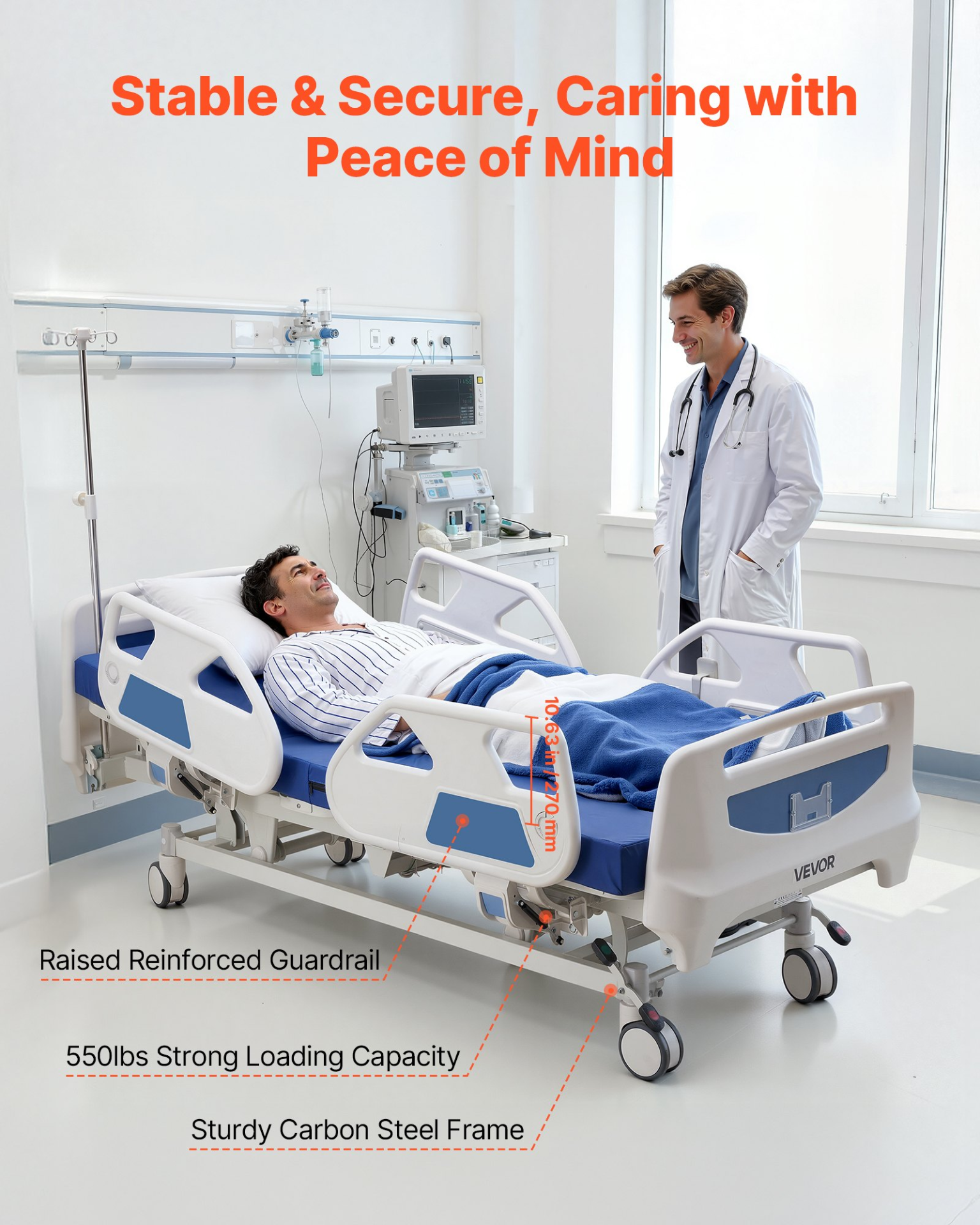 Start2Finish VEVOR electric hospital bed with adjustable head, foot, Trendelenburg, and locking casters for home medical use.
