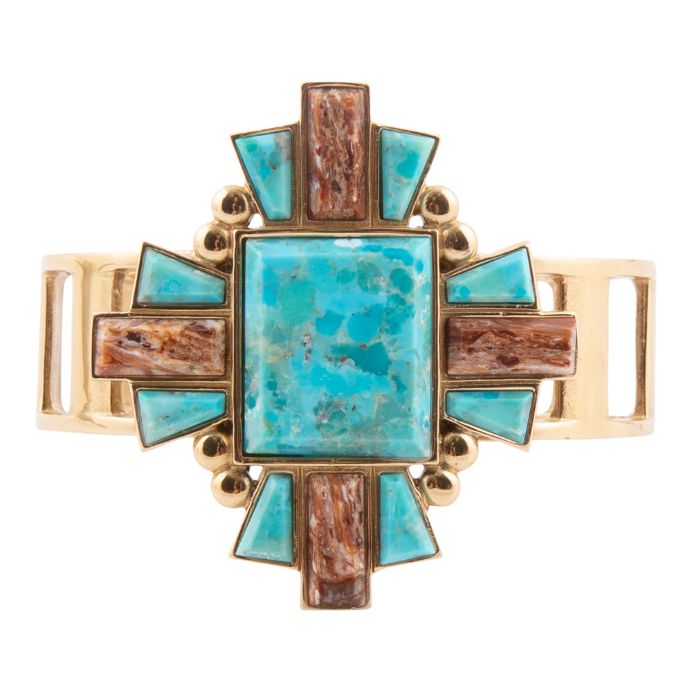 Start2Finish Santa Fe Blue Turquoise and Golden Jewelry cuff bracelet featuring intricate design and vibrant color details.