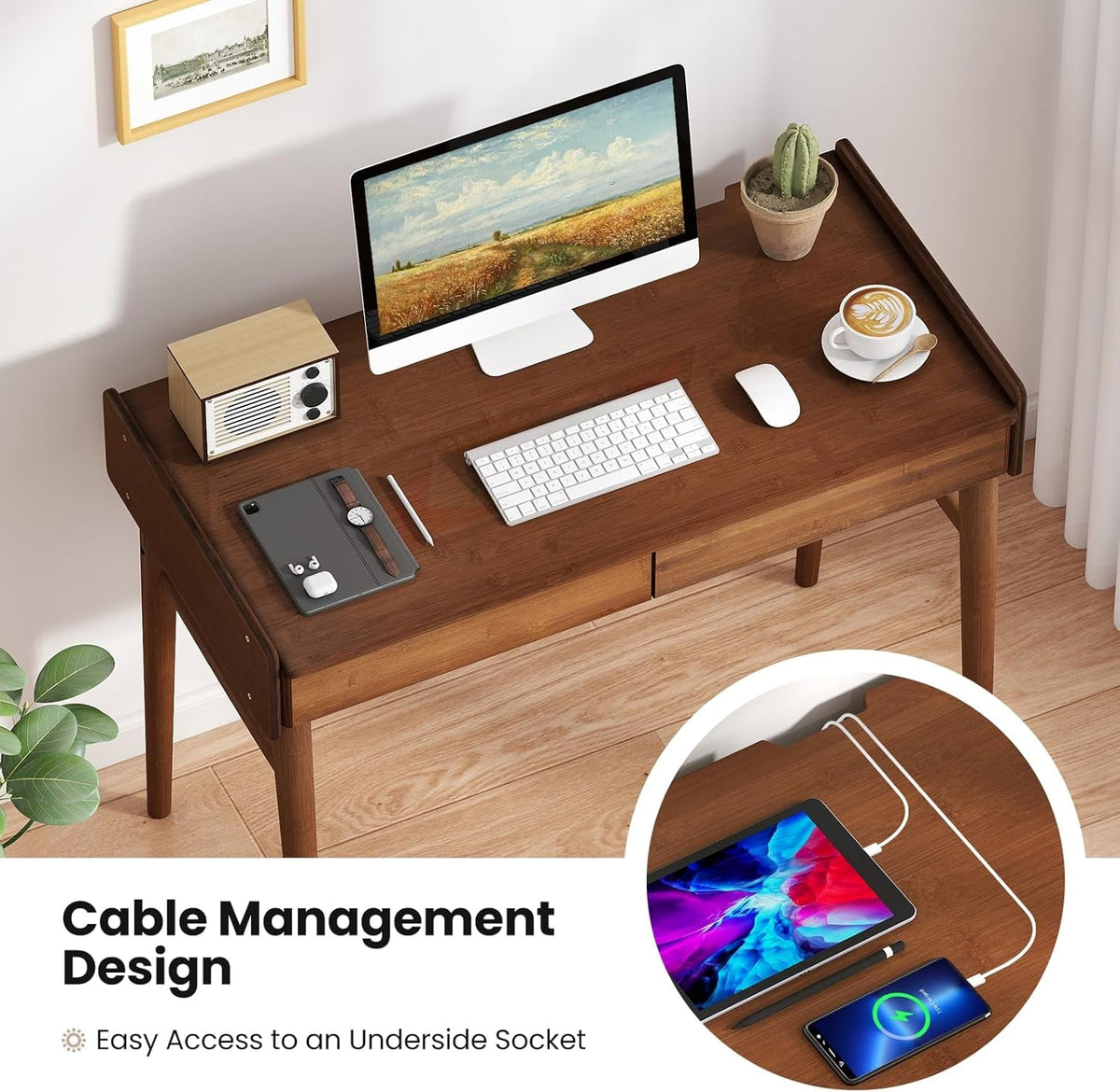 Walnut Bamboo Mid Century Modern Desktop Workstation