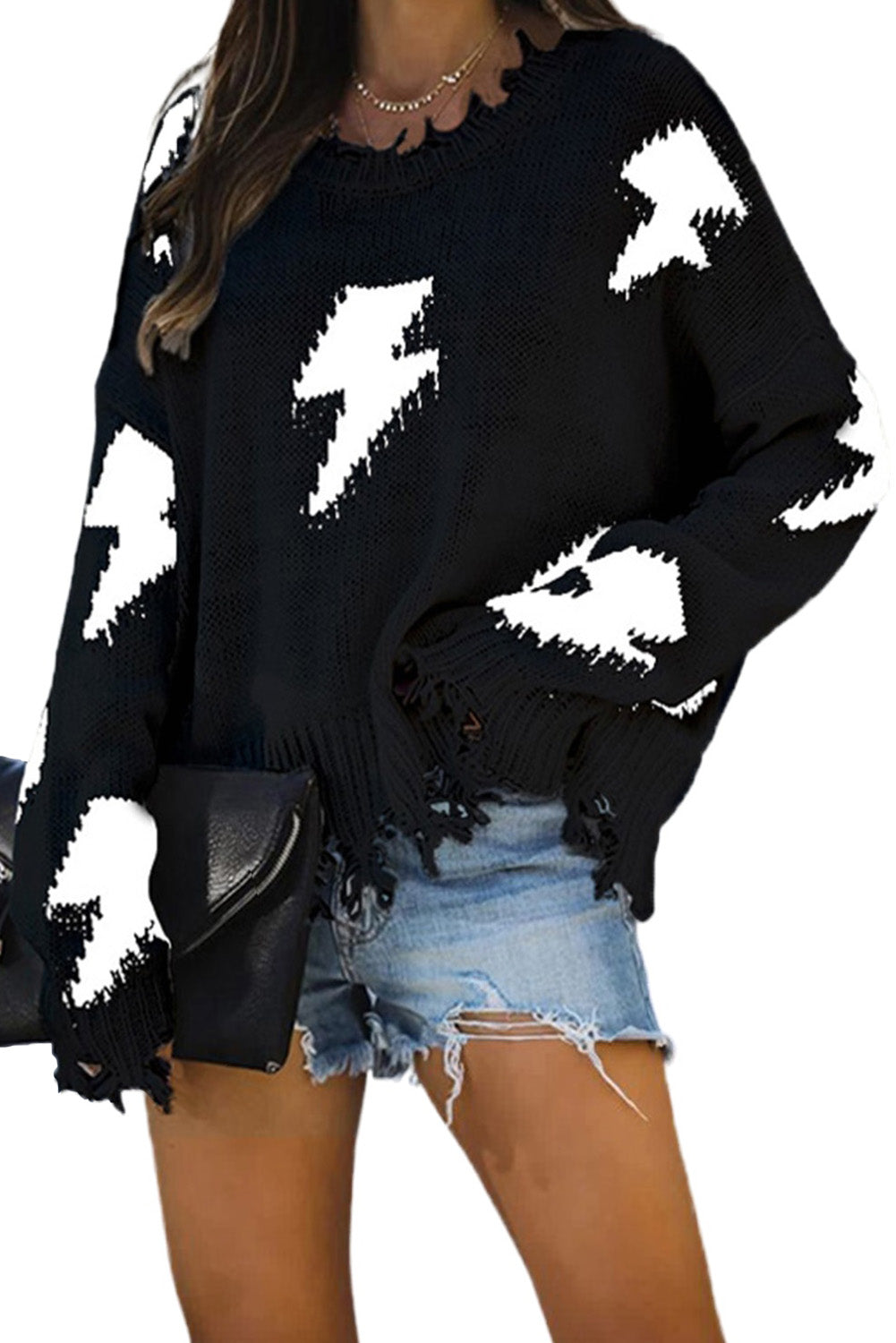 Blacki distressed knit bolt sweater by Harlequin Daisy, featuring a cozy, textured black knit fabric and stylish distressed details.