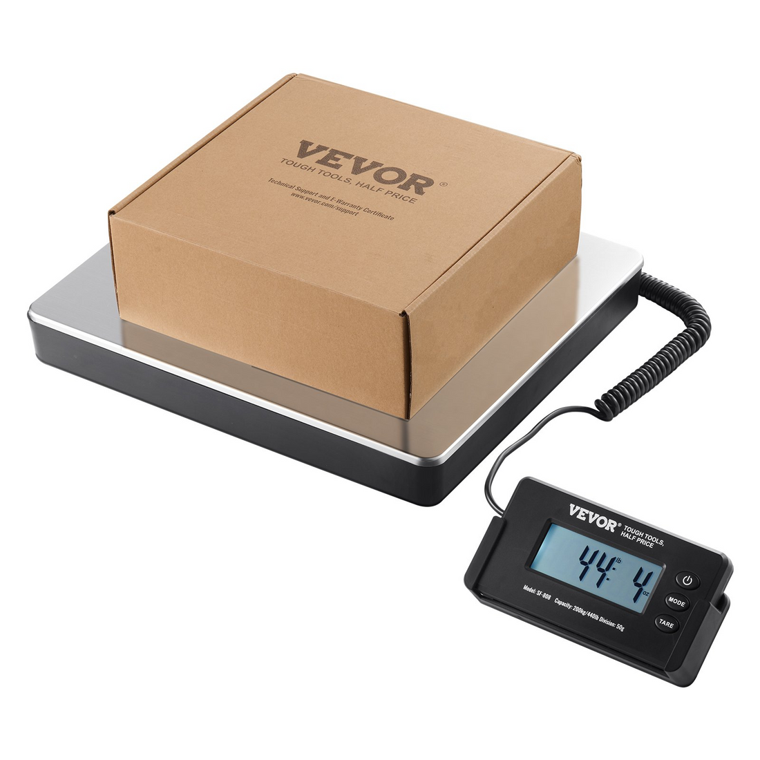 Start2Finish VEVOR digital shipping scale showing weight measurement, LCD screen, tare button, and sturdy design for postal and luggage use.