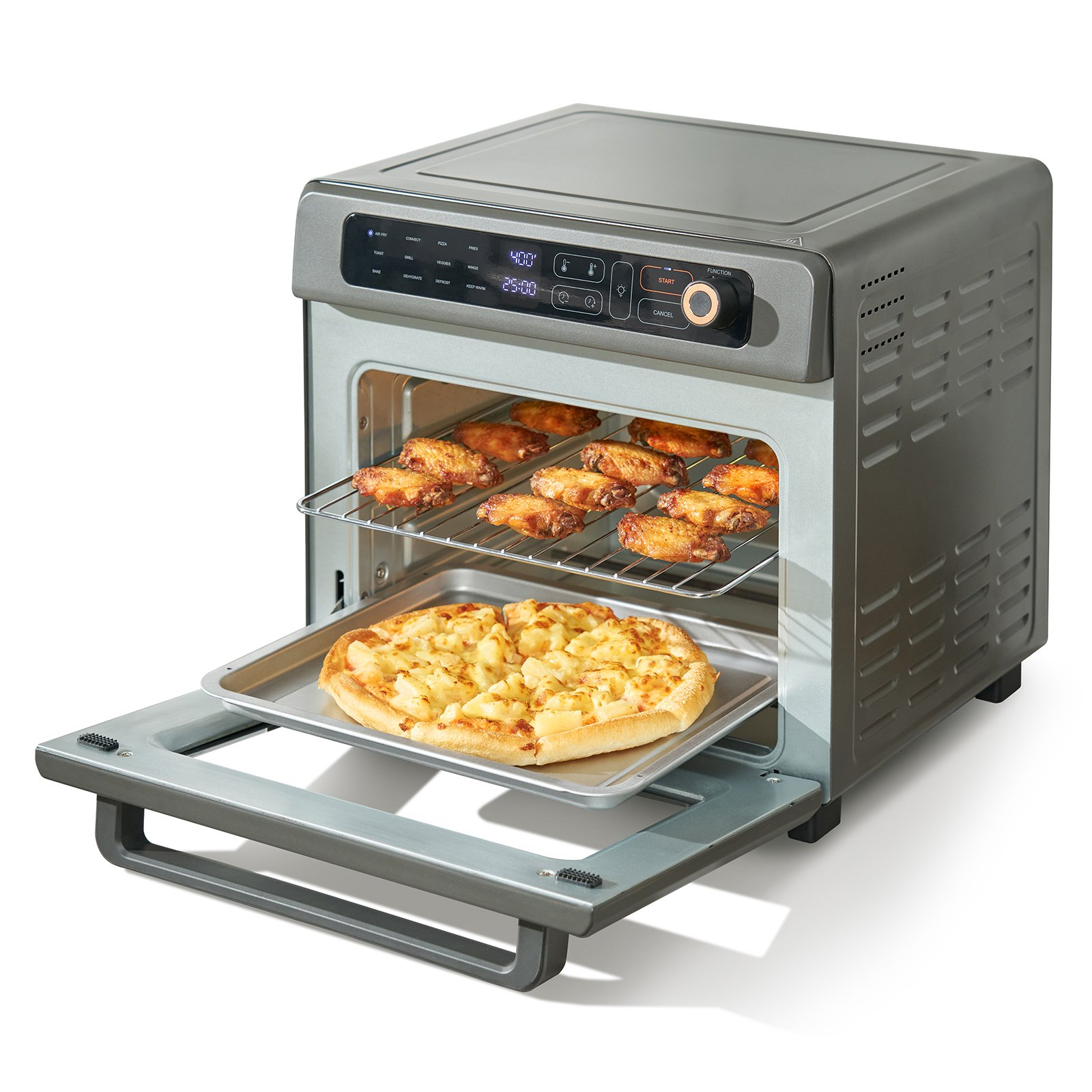 Start2Finish VEVOR 12-in-1 air fryer toaster oven with stainless steel finish, 25L capacity, convection cooking, and included accessories.