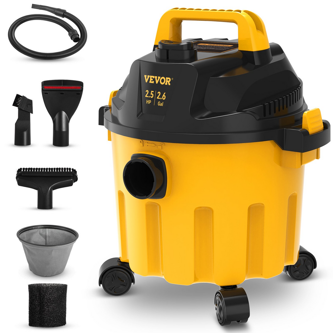 Start2Finish VEVOR 2.6-gallon wet dry shop vacuum with 2.5 peak HP, portable design, attachments, and blowing function in black and yellow.