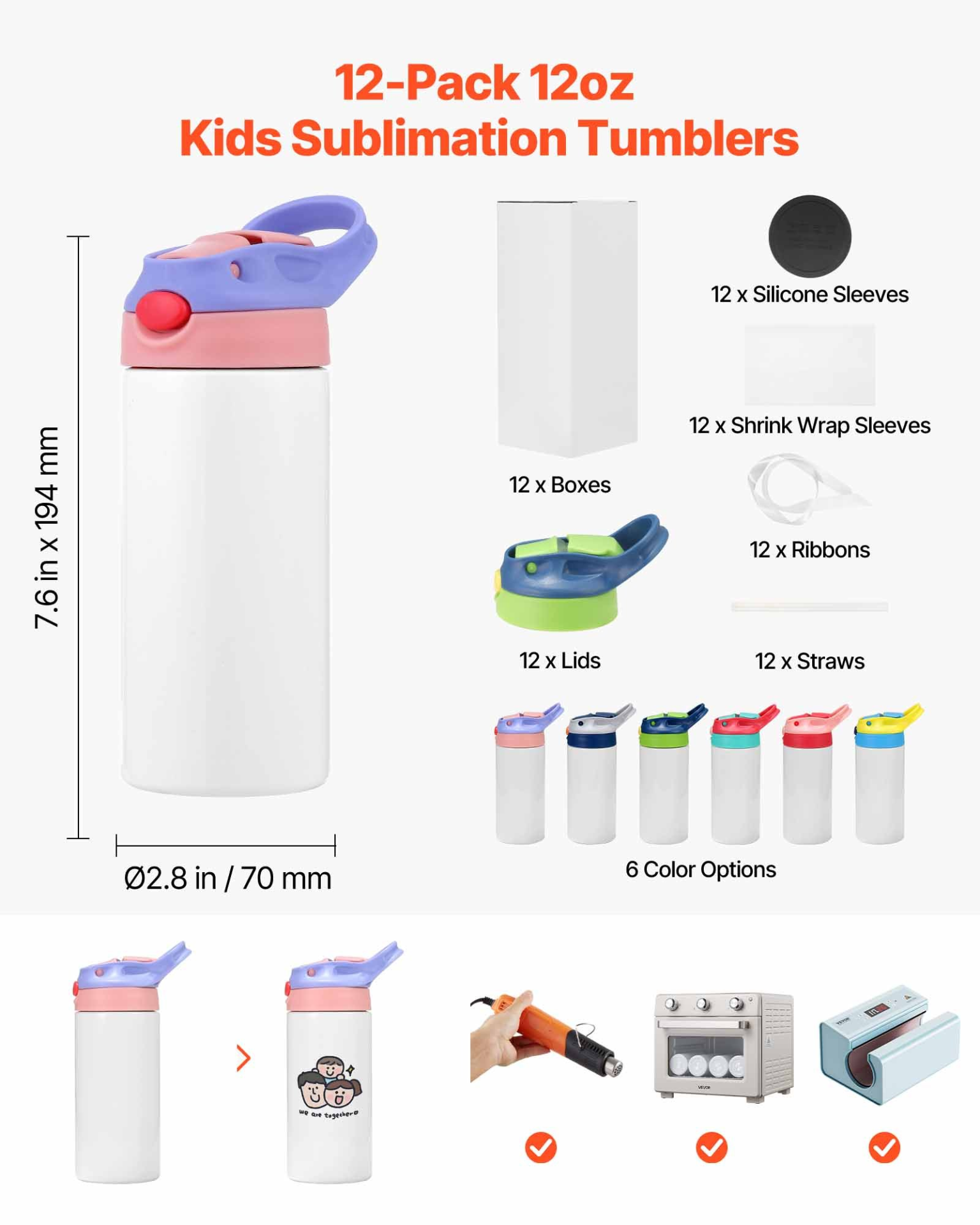 Start2Finish VEVOR 12 oz stainless steel sublimation tumblers with lids and straws, double wall insulated water bottles for kids.