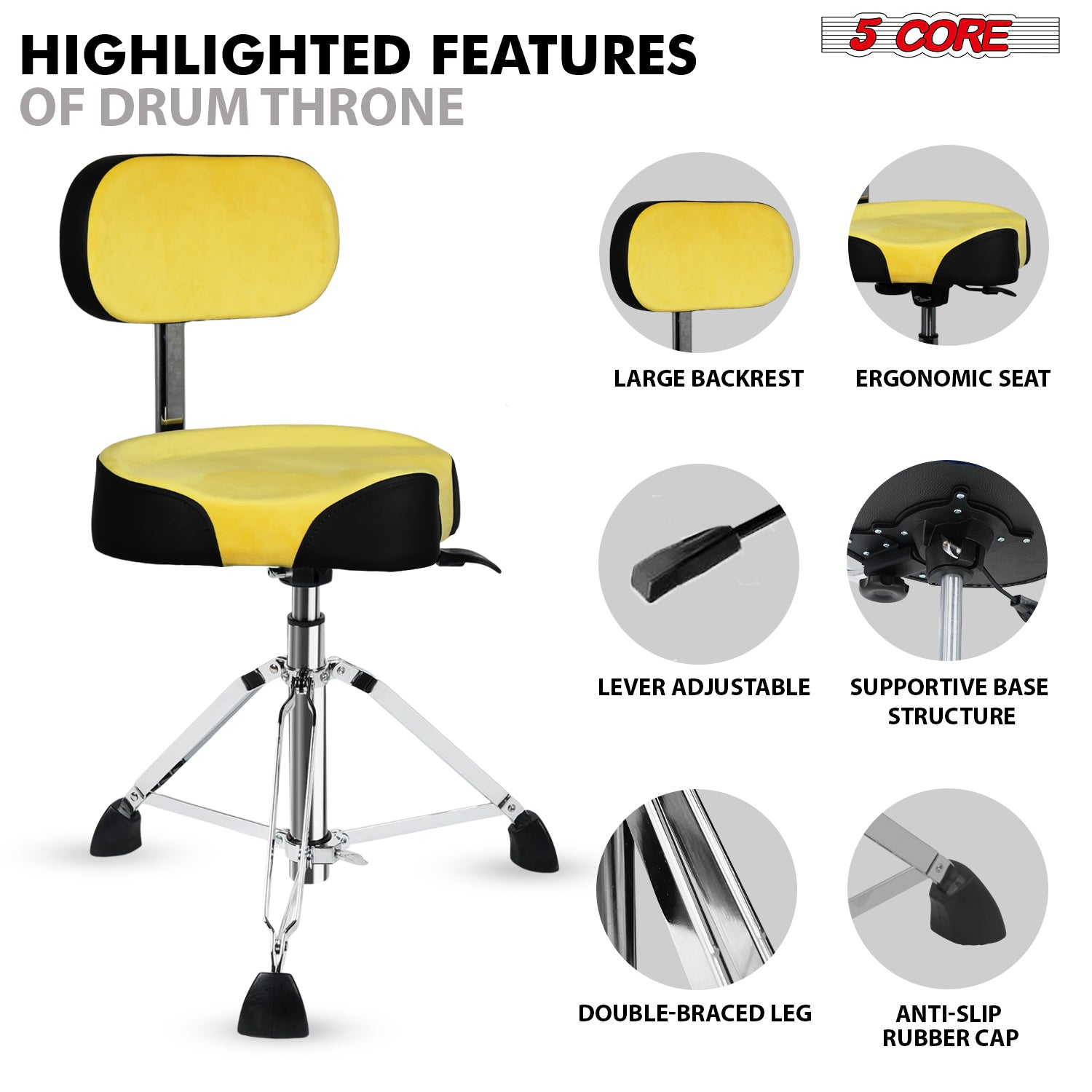 Start2Finish 5 Core Drum Throne with 4-inch padded seat, backrest, and airlift adjustable height for ergonomic comfort.