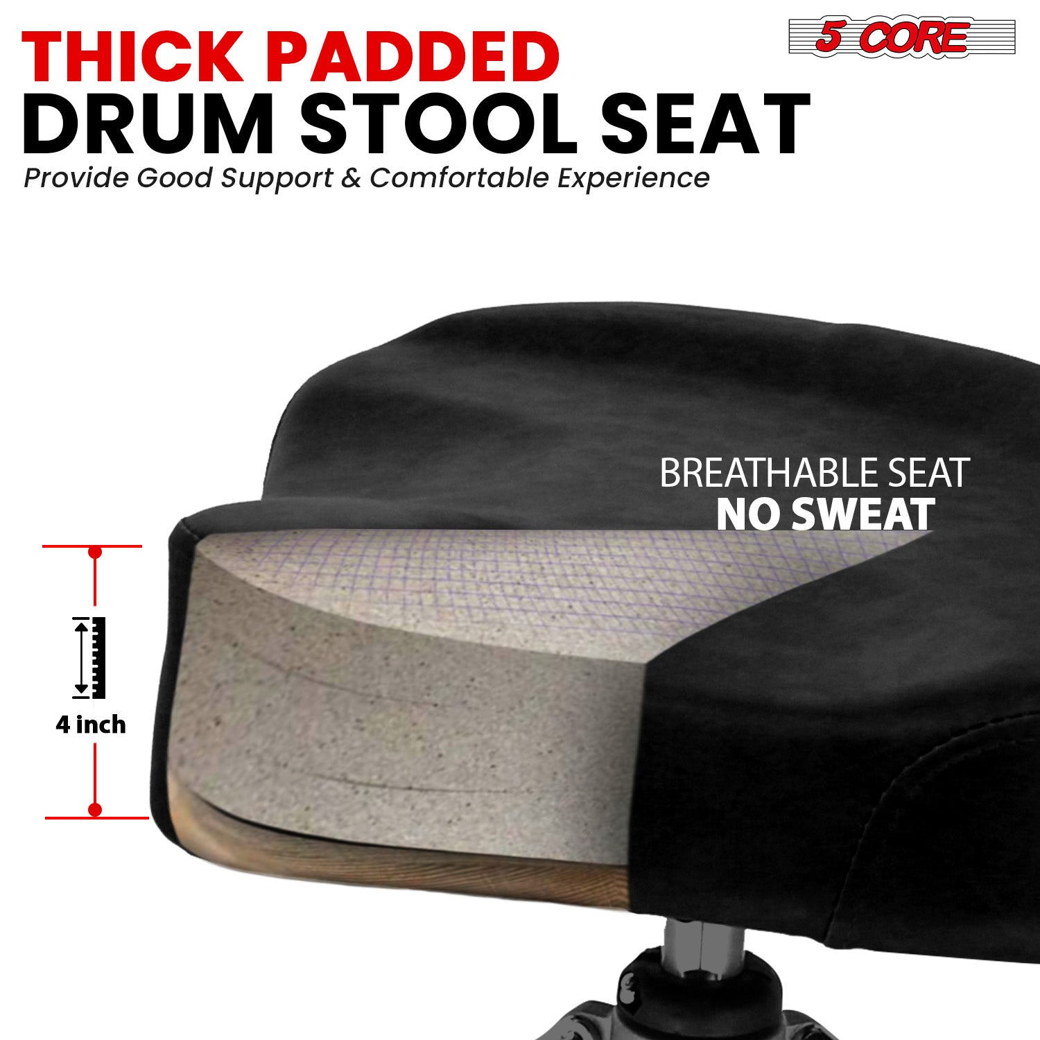 Start2Finish 5 Core Drum Throne with 4-inch padded seat, backrest, and airlift adjustable height for ergonomic drumming comfort.