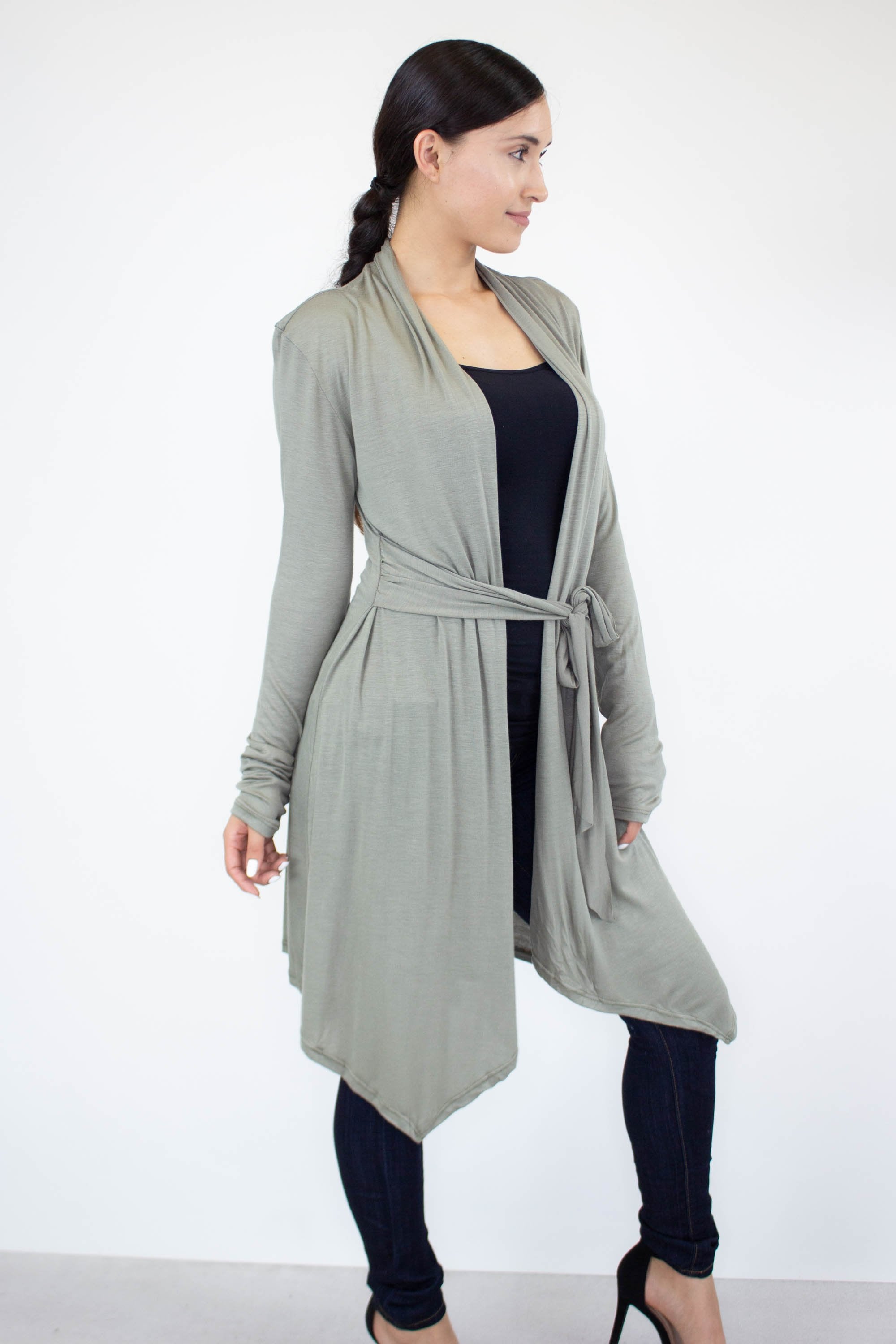 Yellow Hera lightweight waist tie cardigan, casual clothing with a relaxed fit and front tie detail, shown in a neutral color.