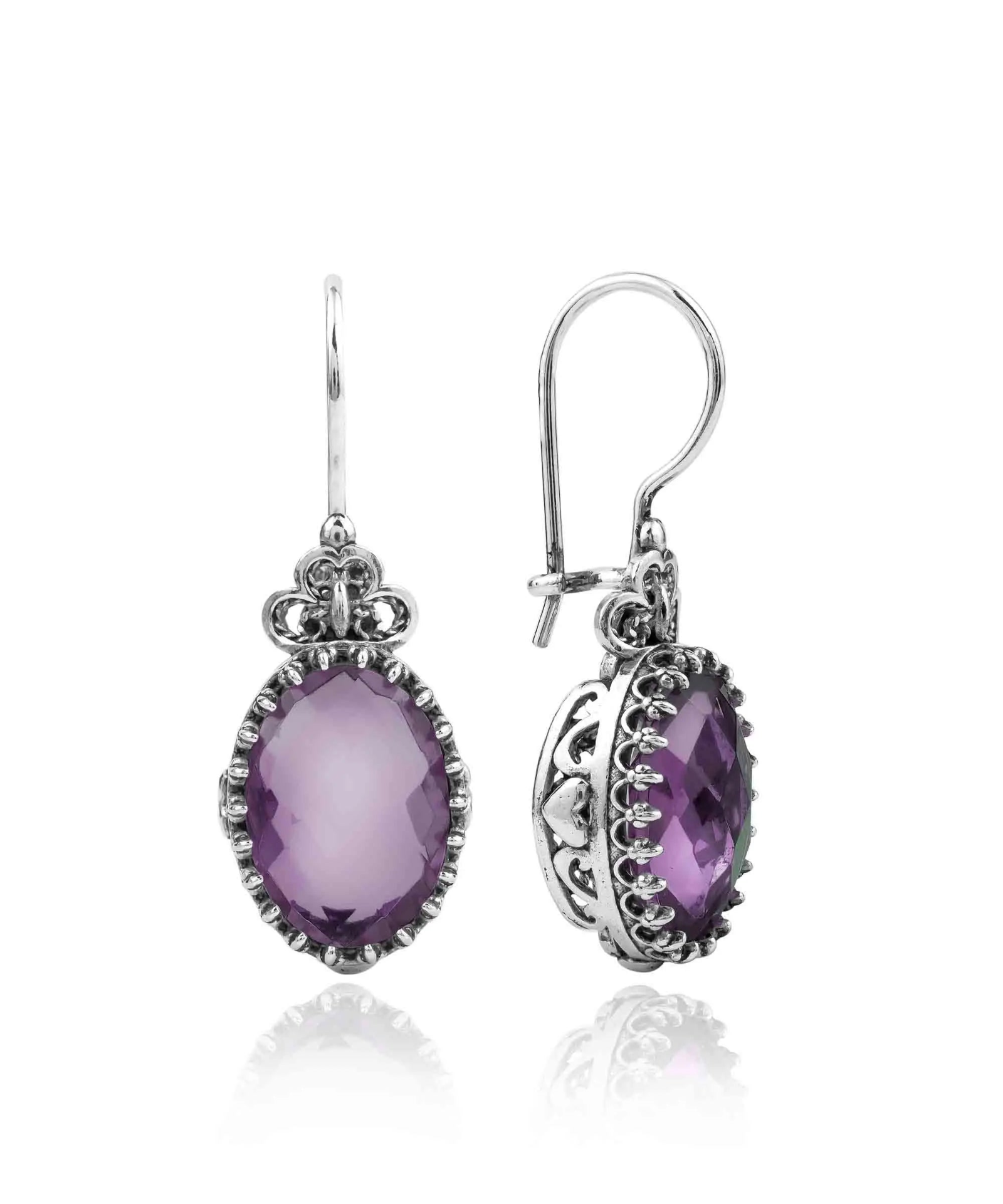 Silver oval drop earrings with filigree design and amethyst gemstone hearts, detailed women’s jewelry by Start2Finish.
