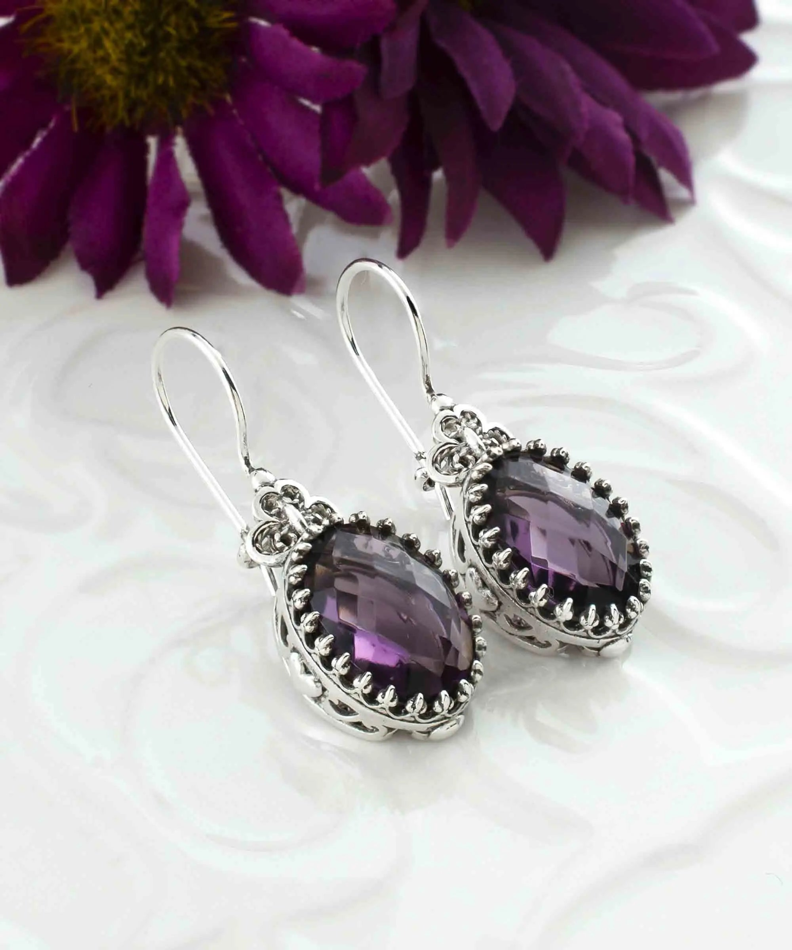 Silver oval drop earrings with filigree design and amethyst gemstone hearts, detailed jewelry for women by Start2Finish