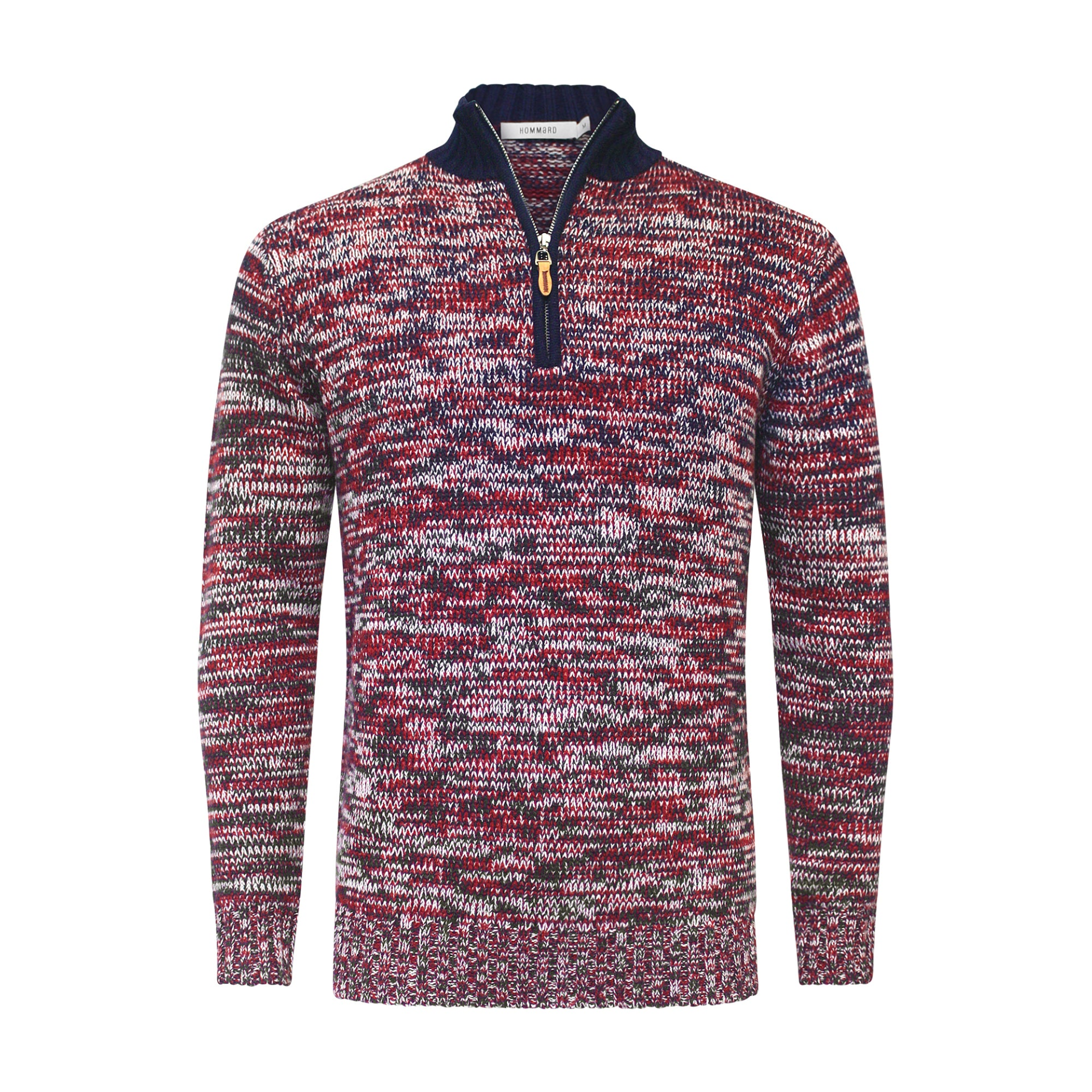 Start2Finish cashmere half zip sweater in melange red, navy, and white with a high collar and cozy knit texture.