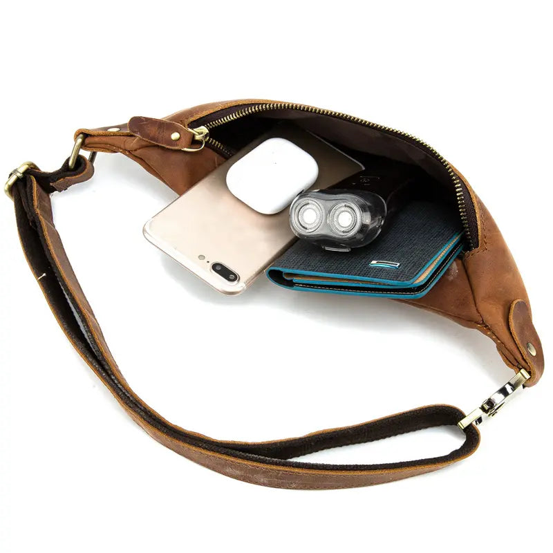 Start2Finish Wagner leather waist bag showing full grain leather fanny pack with adjustable strap and compact accessory design.