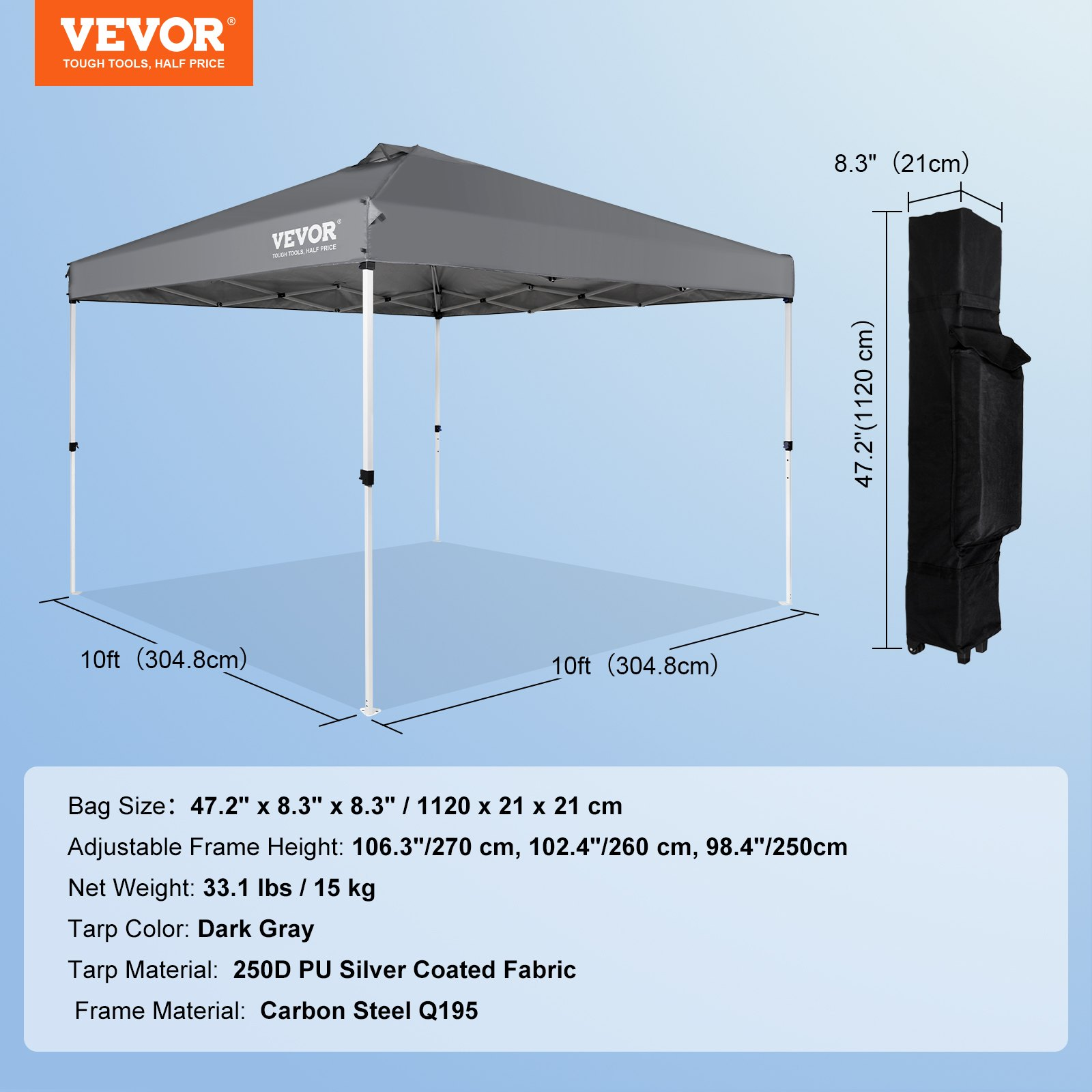 Start2Finish VEVOR 10x10 ft pop-up canopy tent with silver-coated tarp, roller bag, and sandbags, waterproof sun shelter for outdoor events.