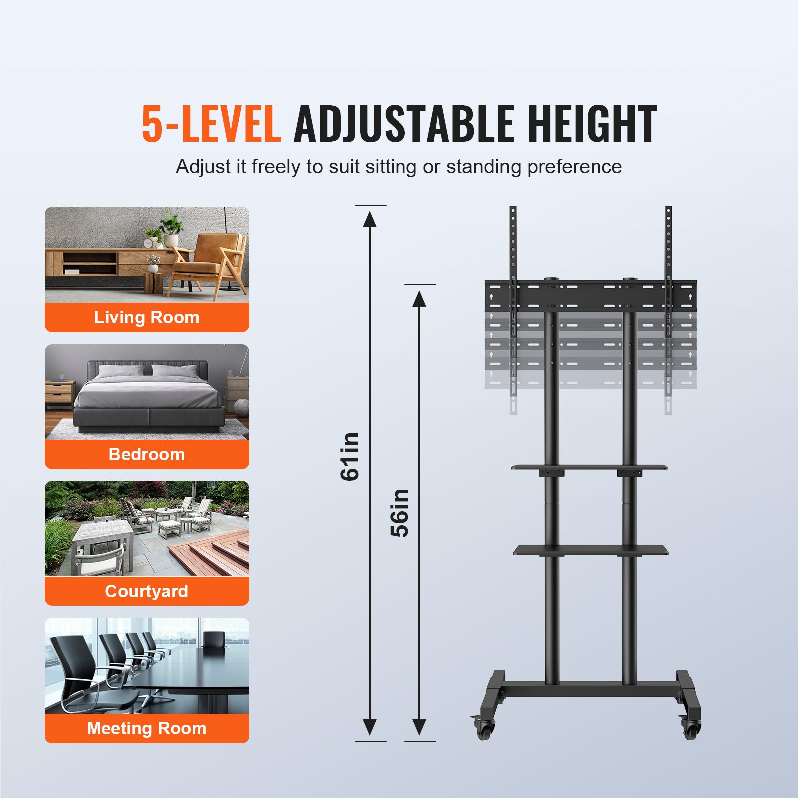 Start2Finish VEVOR mobile TV stand for 32-70 inch TVs, adjustable height, with wheels, double tray for AV devices, suitable for living rooms.