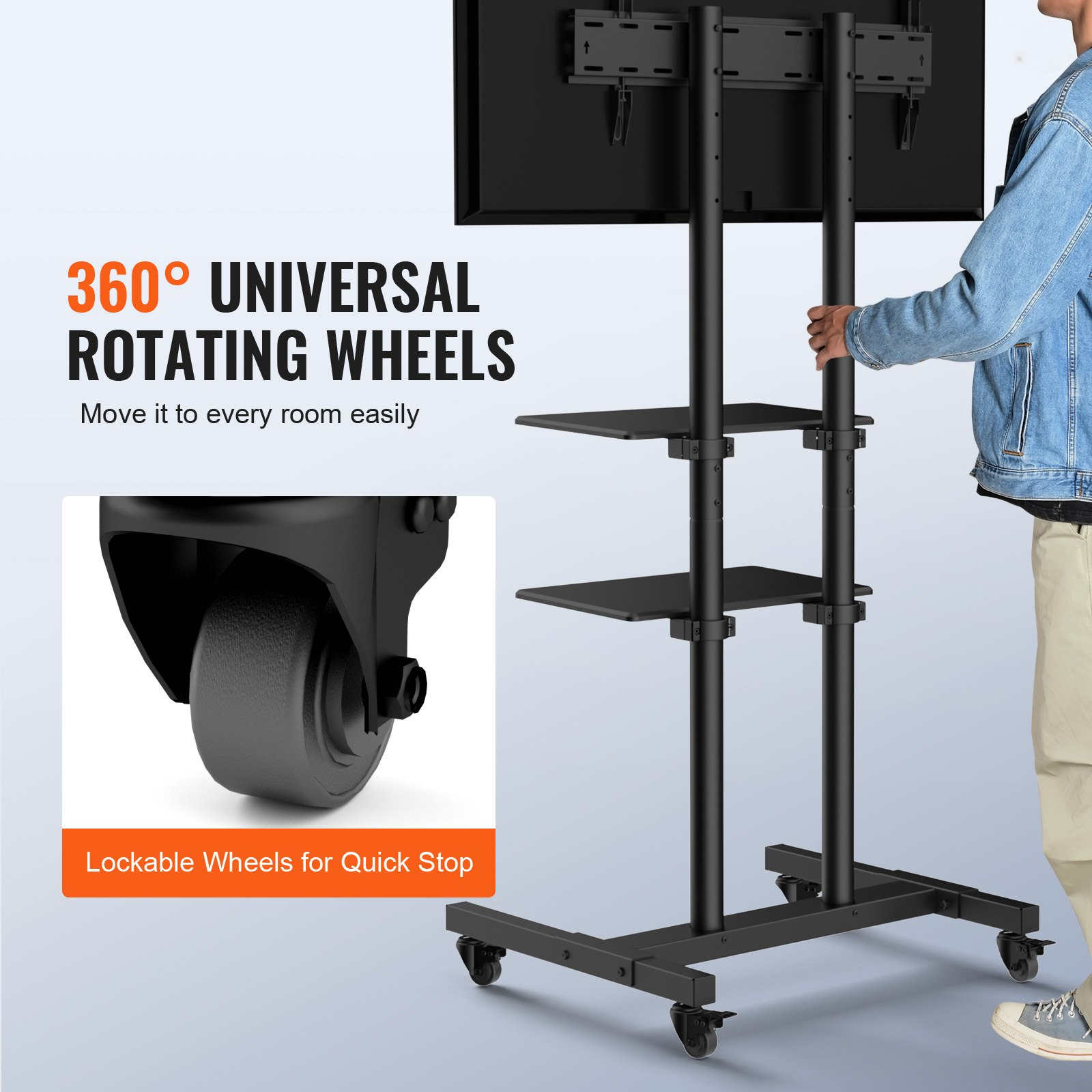 Start2Finish VEVOR mobile TV stand with adjustable height, wheels, double tray for AV devices, suitable for 32-70 inch TVs in living rooms.