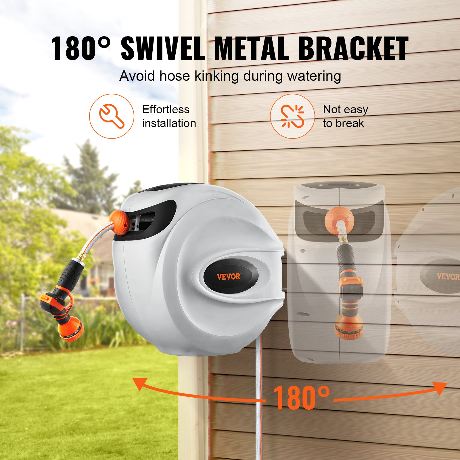 Start2Finish VEVOR 130 ft garden hose reel with 180° swivel, automatic rewind, 9-pattern nozzle, wall-mounted, slow return system.